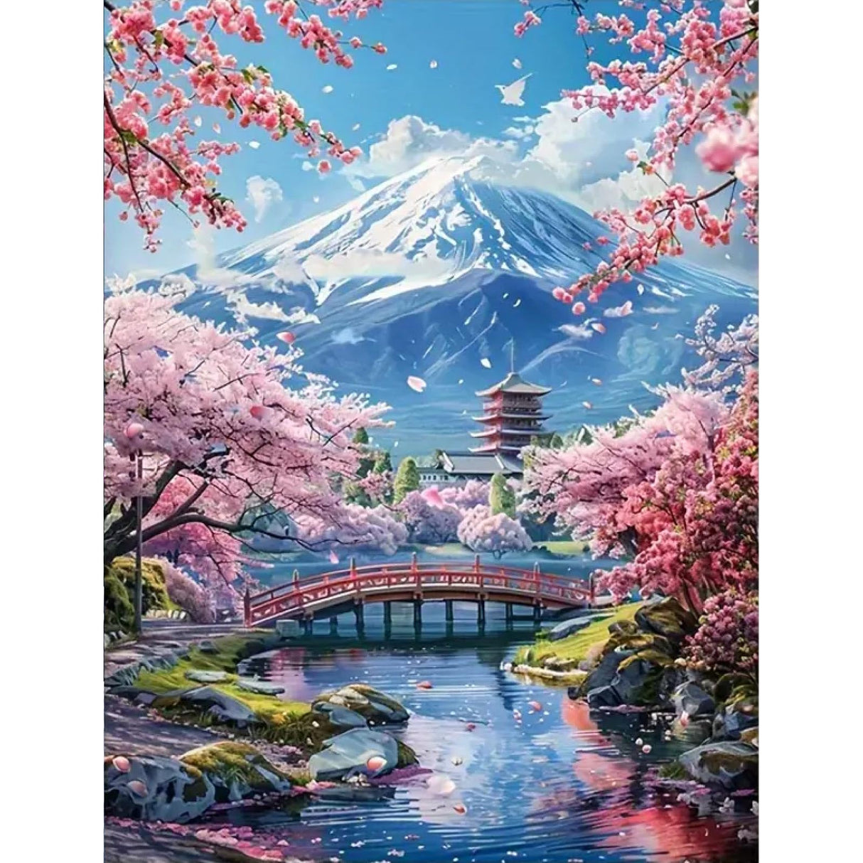MOMDEDP 5D Mount Fuji Diamond Painting Kits for Adult, Mountain Sakura Diamond Art Kits for Beginners, DIY Full Drill Floral Diamond Dot Gem Art Kits for Home Decor 12 x 16 Inch Cherry MOMDEDP
