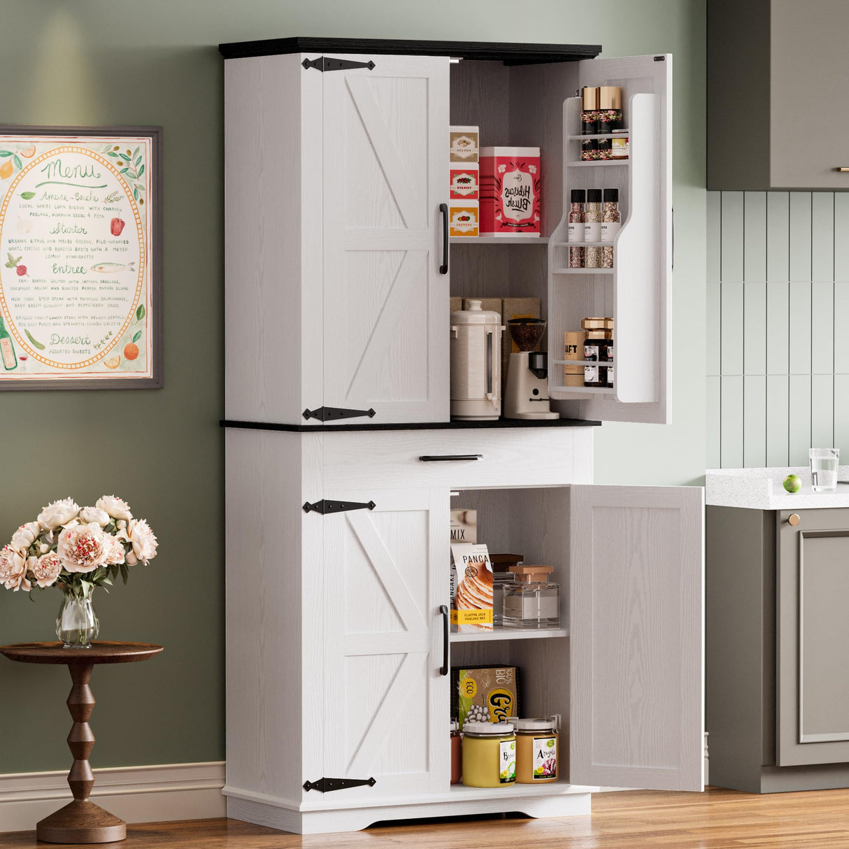 IRONCK Farmhouse Kitchen Pantry Cabinet, Tall Storage Cabinet with 6 Hanging Shelves and Adjustable Shelves, Freestanding Cupboard with Barn Doors for Kitchen, Dining Room,White/Black IRONCK