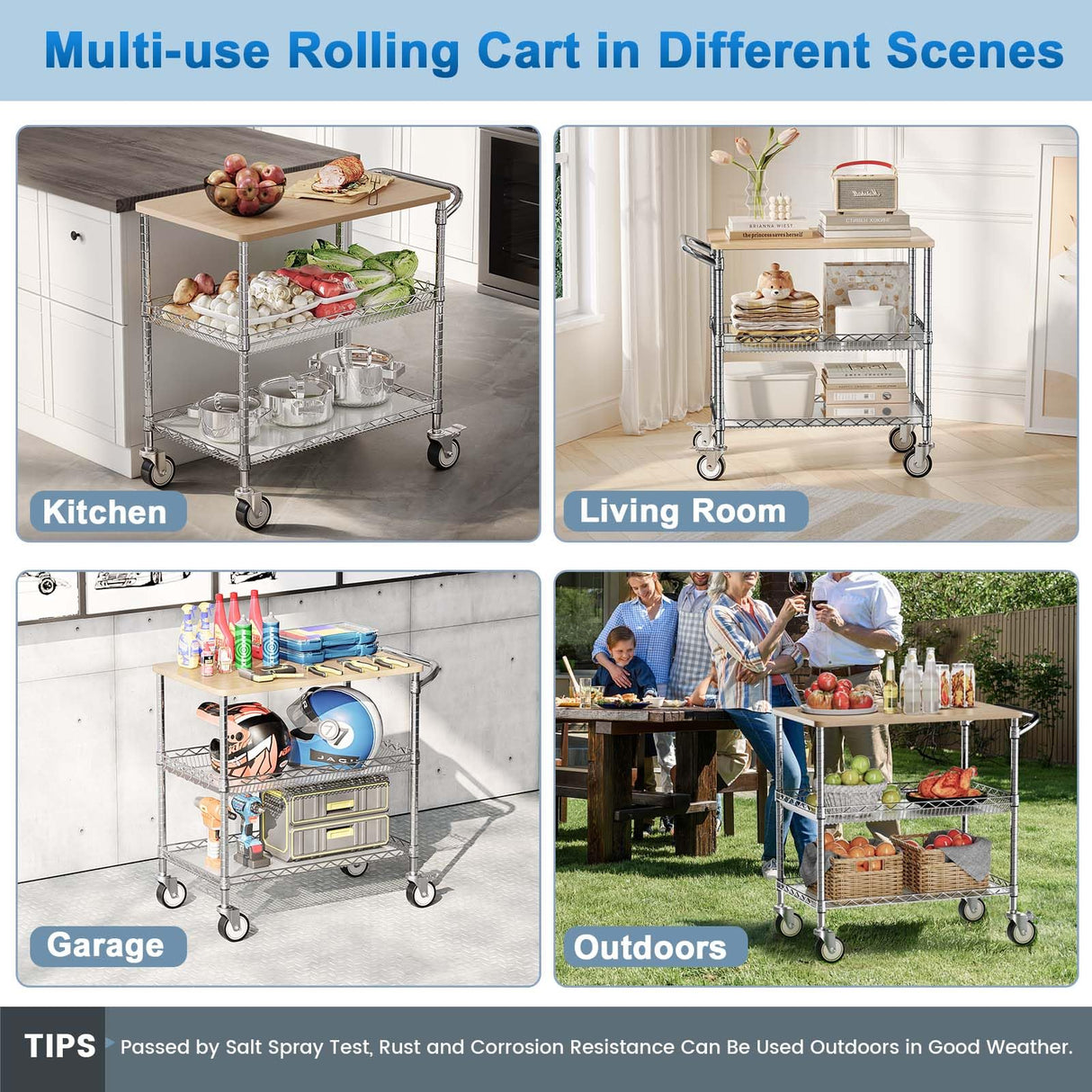 Leteuke Rolling Kitchen Carts with Wheels, 34" L x 17.5" W, 3-Tier Heavy Duty Utility Cart with Wood Tabletop, NSF Commercial Metal Serving Cart with Handle and Shelf Liner for Kitchen, Chrome Leteuke