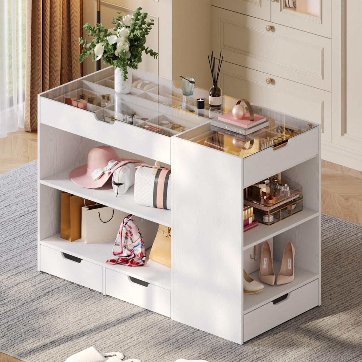 ANCTOR Bedroom Island, 47.4”W Wardrobe Closet Armoire Island with 8 Drawers Glass Top, Jewelry Center Island for Walk in Closet, Dresser for Bedroom Cloakroom Store, White ANCTOR