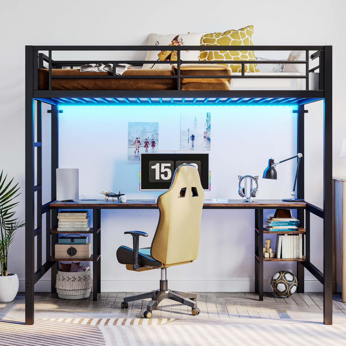 ANCTOR Loft Bed Twin Size with Desk and 4 Storage Shelves, Metal Loft Bed Frame with Power Outlet and LED Lighted, Safety Guard & Ladder, Space-Saving, Noise Free, Black ANCTOR