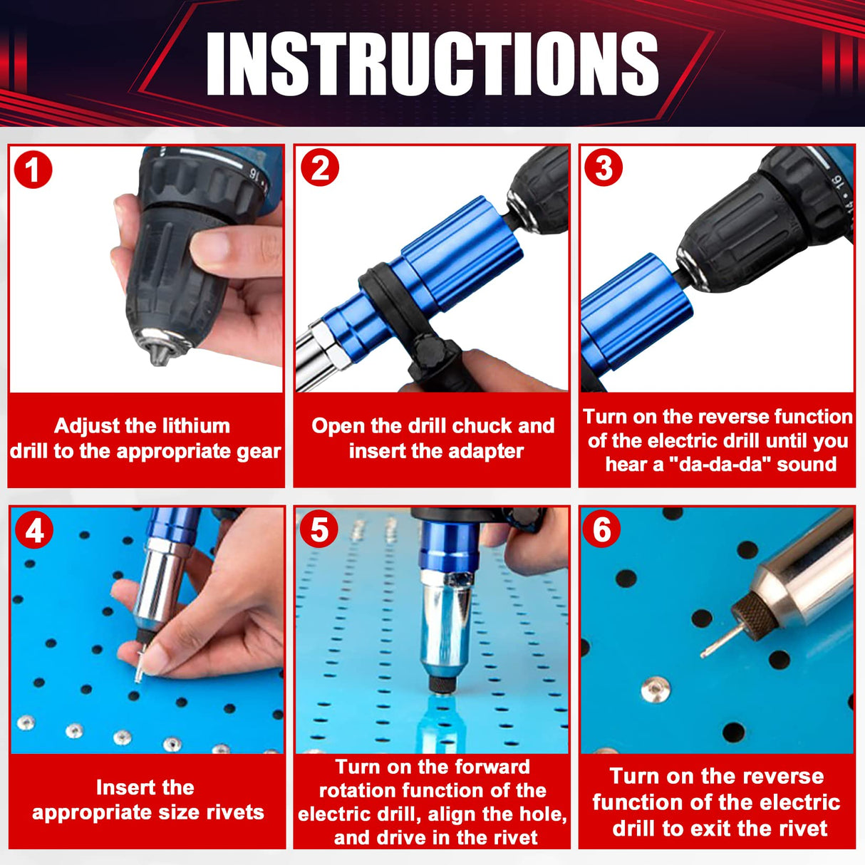 wesleydrill Rivet Gun Adapter Kit,Professional Riveting Insert Nut Hand Tool Kit,2.4/3.2/4.0/4.8mm Diameter Rivet Head, Aluminum Housing, Fit for Cordless Drill,Sheet Metal Work wesleydrill
