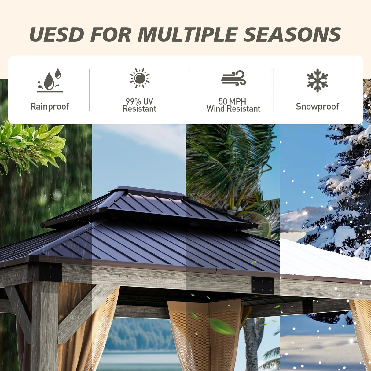 HOMPUS 10x12 FT Hardtop Wood Gazebo, Cedar Wood Frame Gazebo with Double Metal Roof, Outdoor Gazebo with Netting & Curtains, Wooden Gazebos Pavilion for Backyard, Garden, Deck, Gray HOMPUS