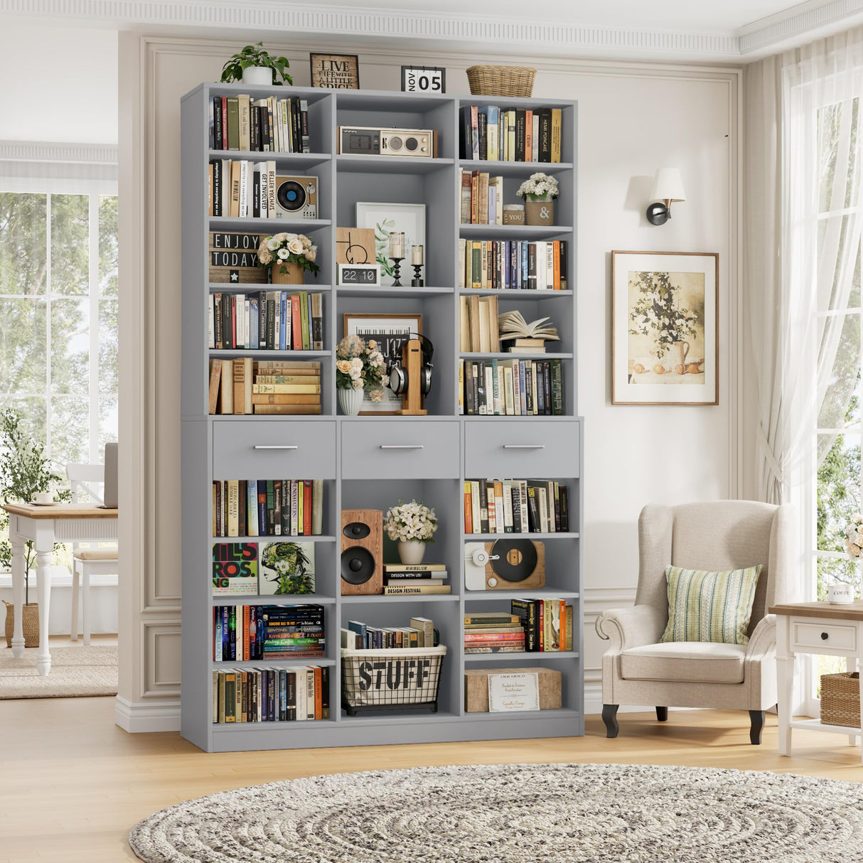 HOSTACK 75" Tall Book Shelf and Bookcase, 47" Wide Bookshelf with Drawers, Modern 9 Tier Bookcase with Storage, Large Wood Display Cabinet with Adjustable Shelves for Living Room, Home Office, Gray HOSTACK