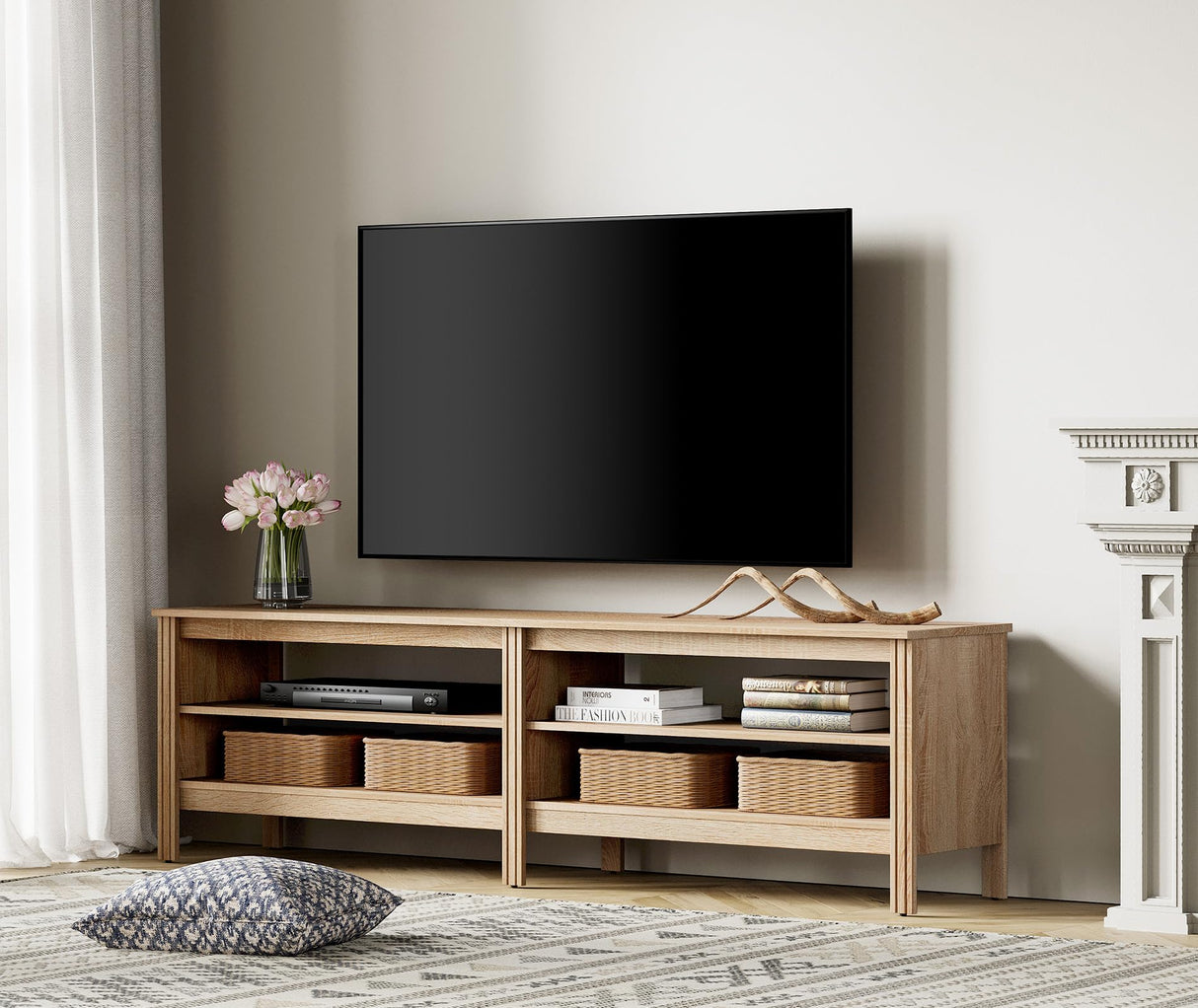 WAMPAT Farmhouse TV Stand for 75 Inch TV, Wood Entertainment Center for 70 65 55 inch TV Console Media Table with 4 Big Storage for Living Room Bedroom, Oak WAMPAT