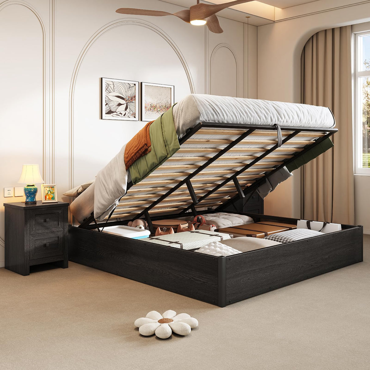 AMERLIFE Lift Up Storage Bed, King Bed Frame with Storage Underneath, Wooden Platform Bed Frame, Solid Wood Slats Support, No Fixed Headboard, No Box Spring Needed, Dark Oak AMERLIFE