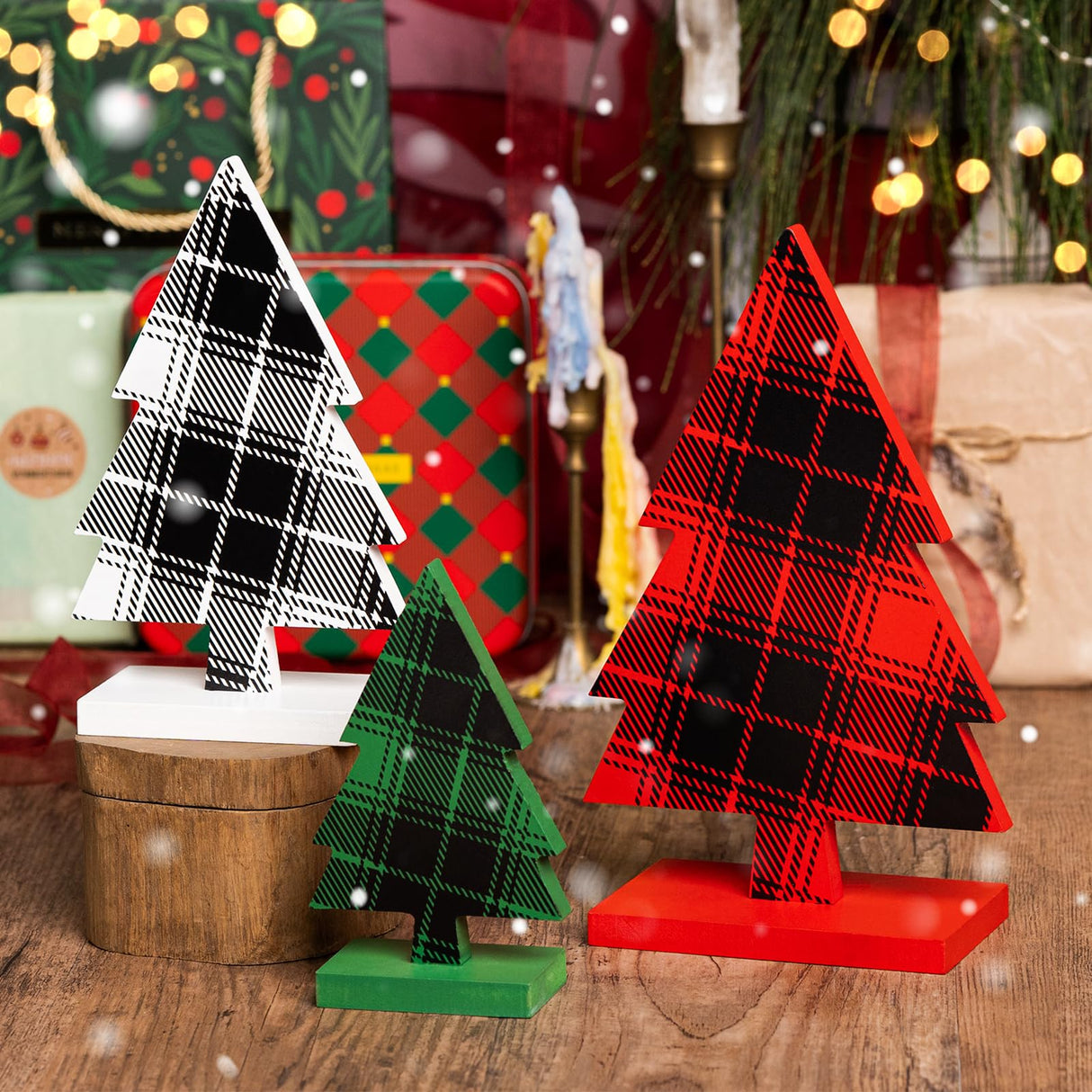 3 Pcs Wooden Christmas Trees Table Sign Decorations Different Patterns Double-sided Printing, Rustic Christmas Tree Farmhouse Tabletop Decor, Multiple Styles Sizes Xmas Christmas Tiered Tray Decor Sophena