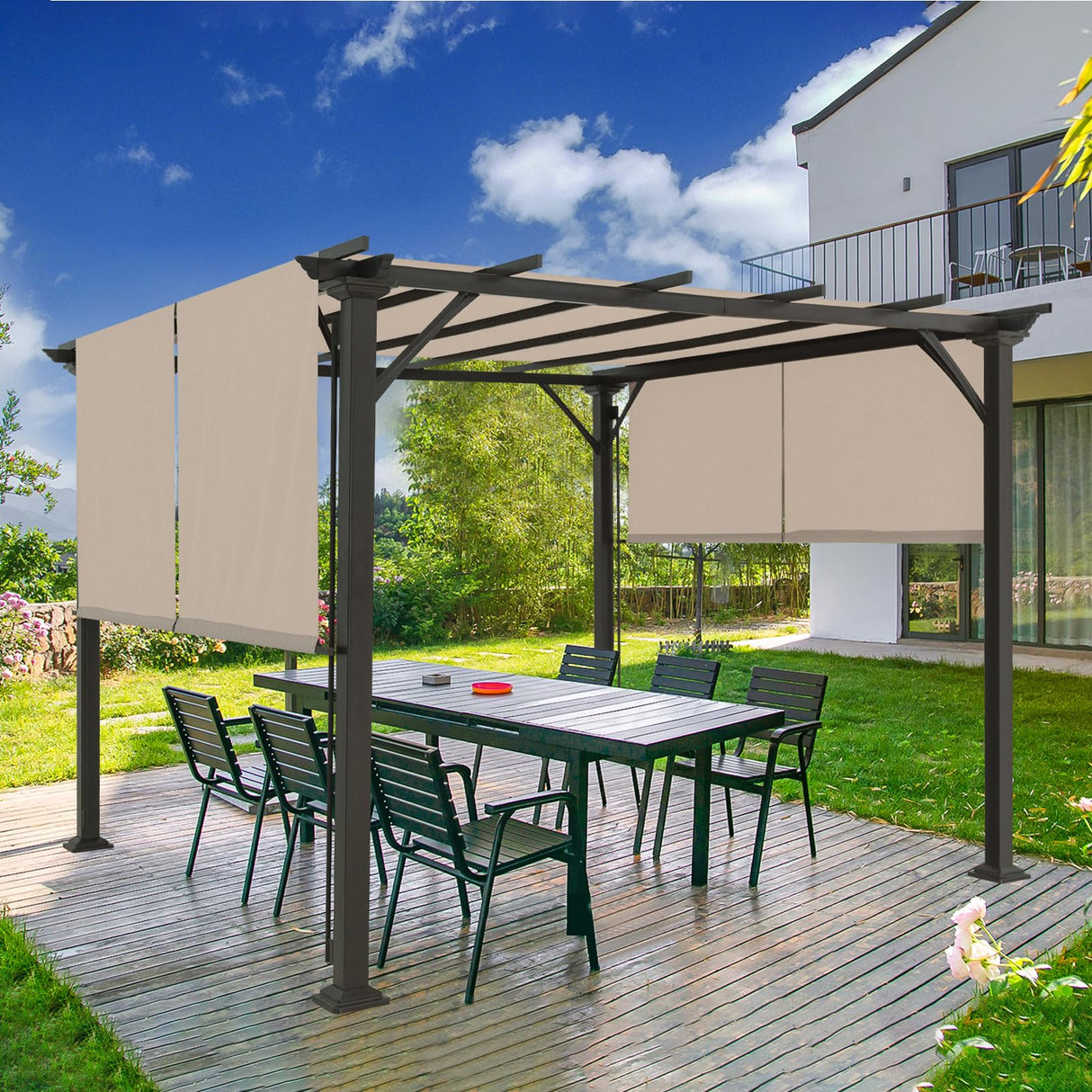 COOS BAY Outdoor Patio Pergola 10x10 ft with Retractable Sun Shade Canopy Top, Metal Frame Gazebo Sun Shade for Backyard, Deck, Garden and Poolside, Beige COOS BAY