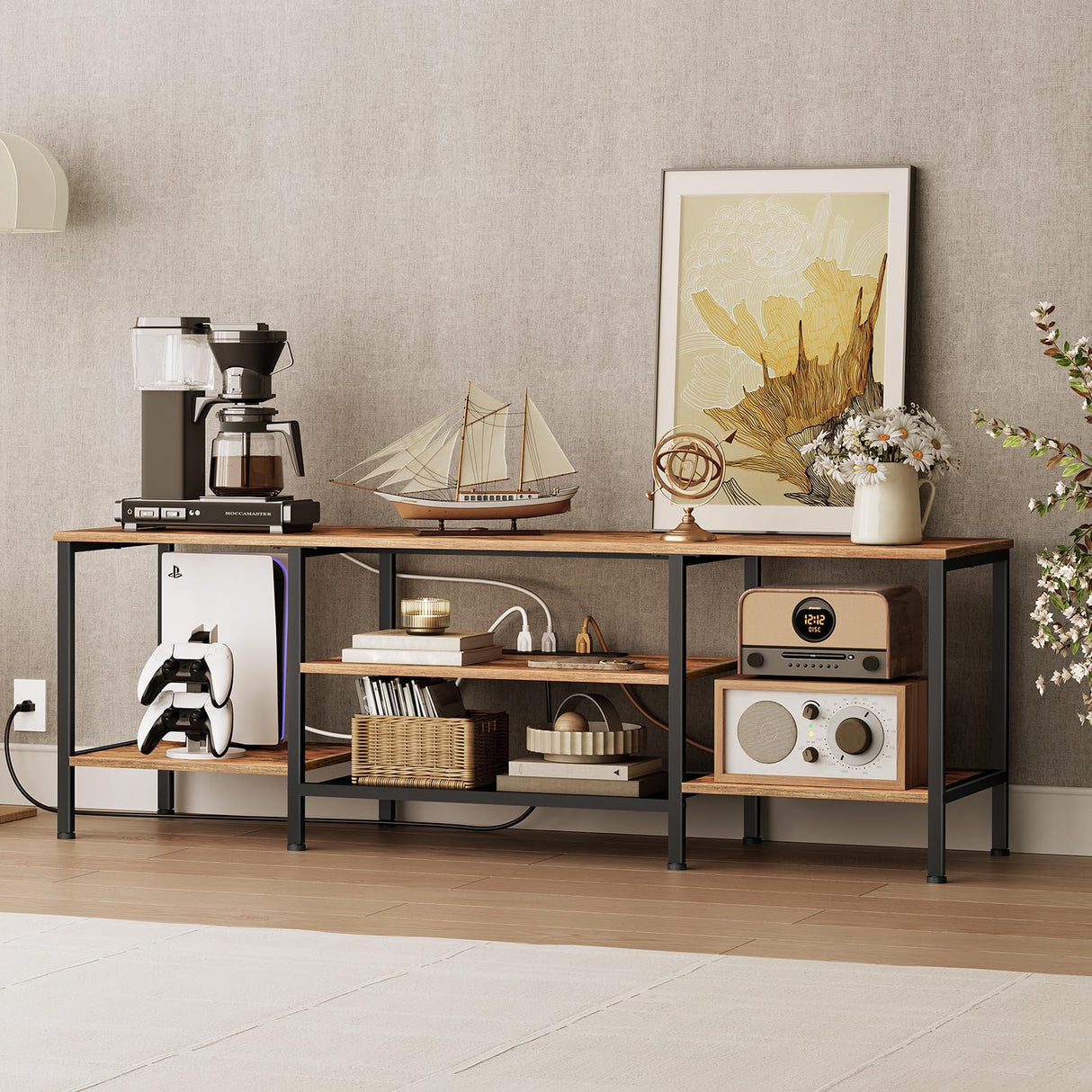 HOOBRO TV Stand with Power Outlets to 75 Inches, TV Console Table with Open Storage Shelves Cabinet, Industrial Media Entertainment Center for Living Room Bedroom, Rustic Brown and Black BF60DS01 HOOBRO