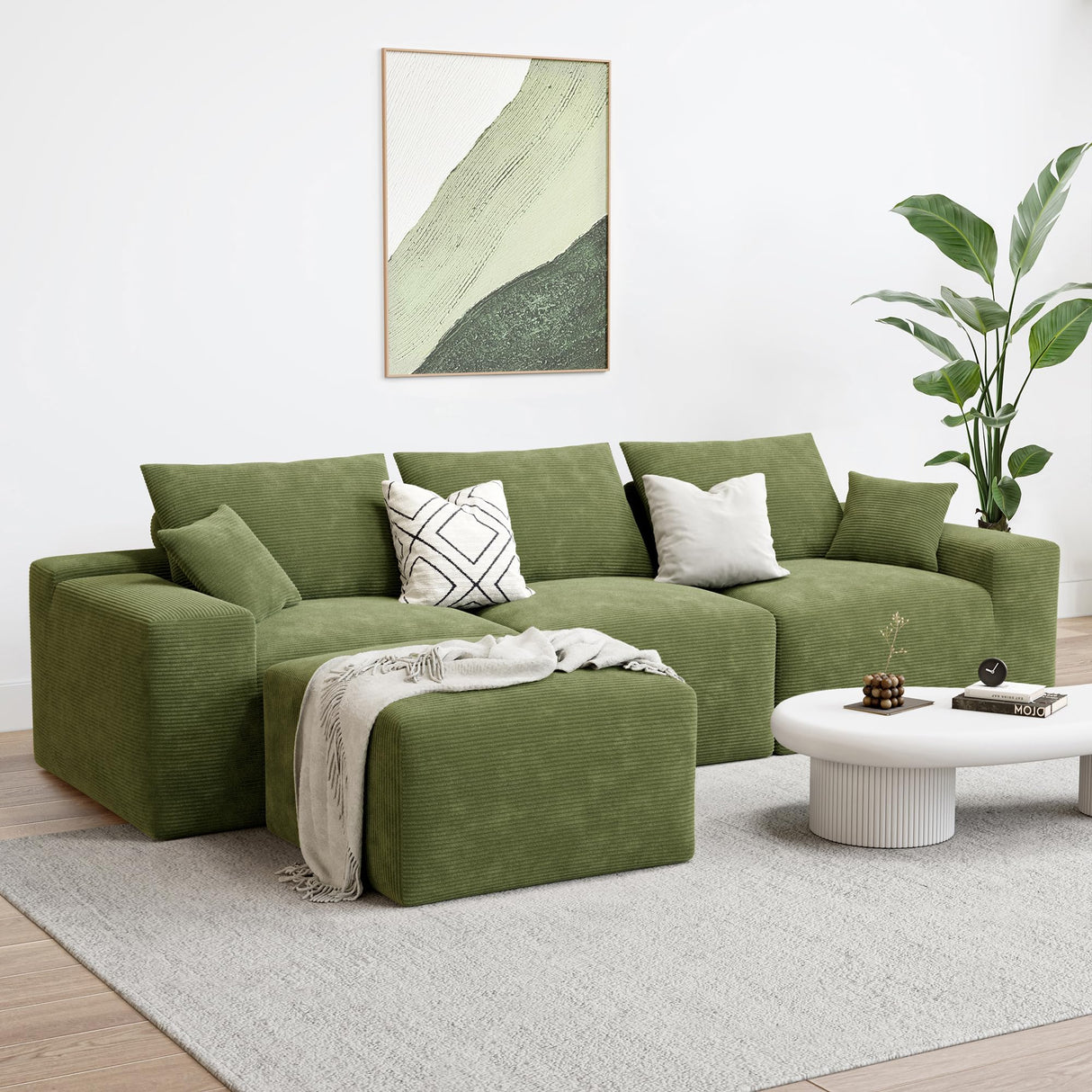 LIKIMIO 120" Modern L-Shaped Modular Sectional Sofa for Living Room, Corduroy Upholstery Green, Oversized 3-Seater Couch with Deep Seat and Movable Ottoman – No Assembly LIKIMIO