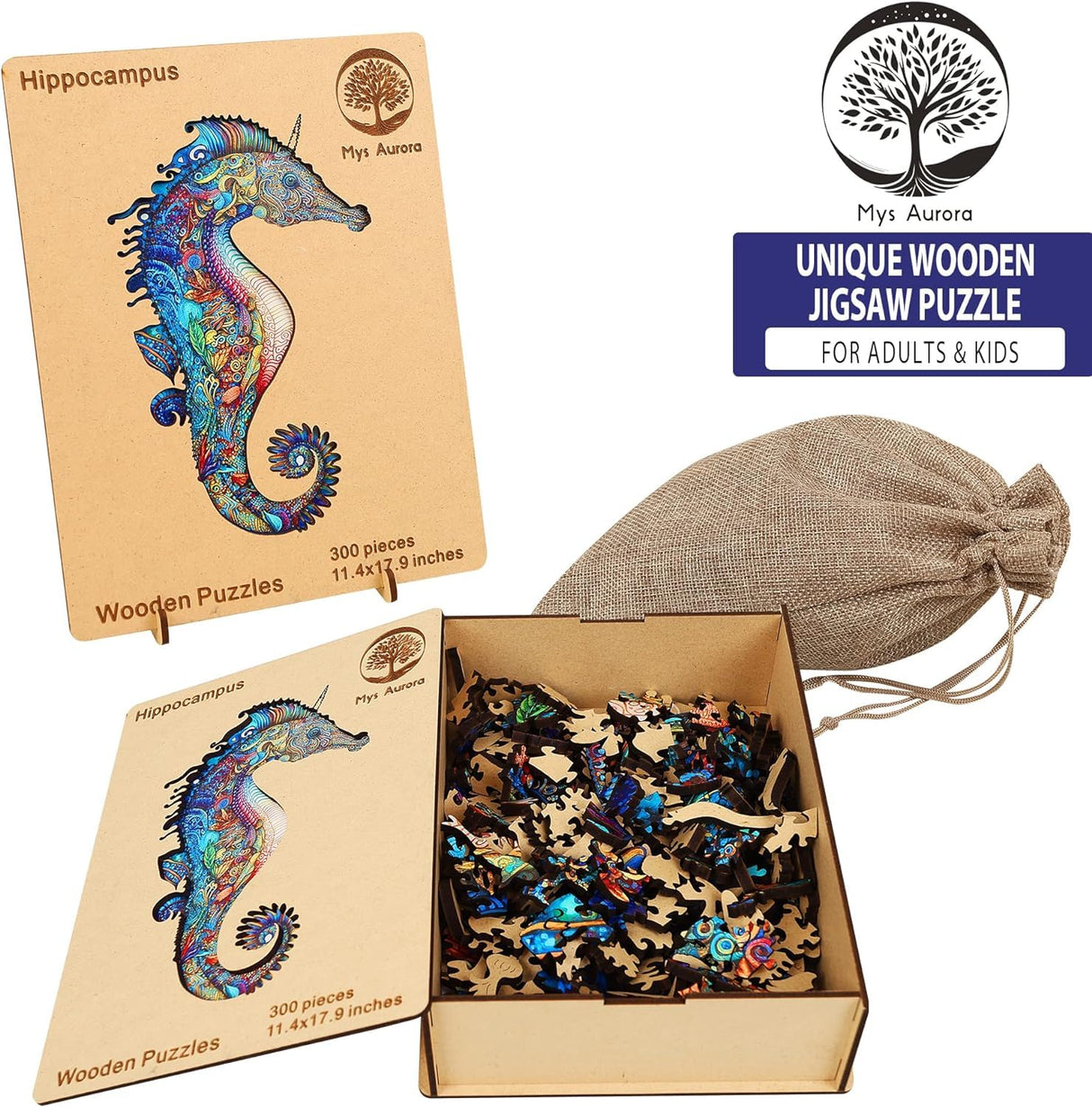 MYS Aurora Wooden Jigsaw Puzzles, Unicorn Seahorse Wood Puzzle 200 Pieces, Unique Shaped Wooden Puzzles for Adults and Kids, Family Game 8.5 x 13.4 Inches Mys Aurora