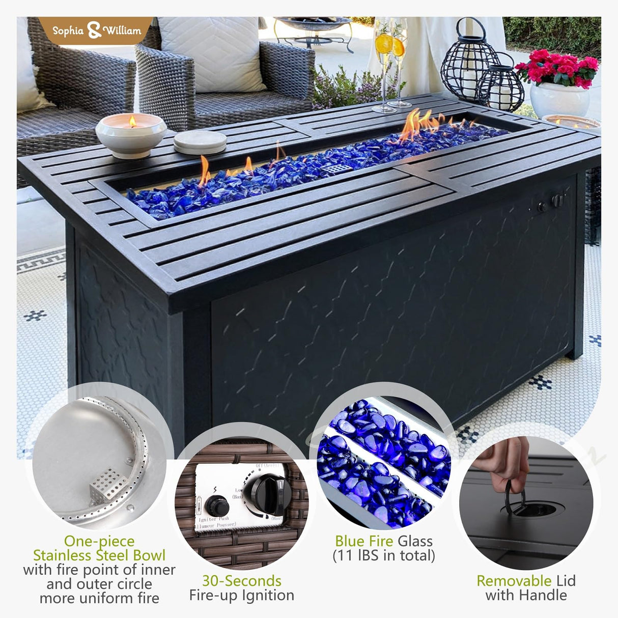 Sophia & William Patio Furniture Set with Fire Pit Table, 10 Piece Outdoor Wicker Furniture Sectional Sofa, Extra Large Patio Rattan Conversation Set with Ottoman & 45" Fire Pit Table(Aqua Blue) Sophia & William