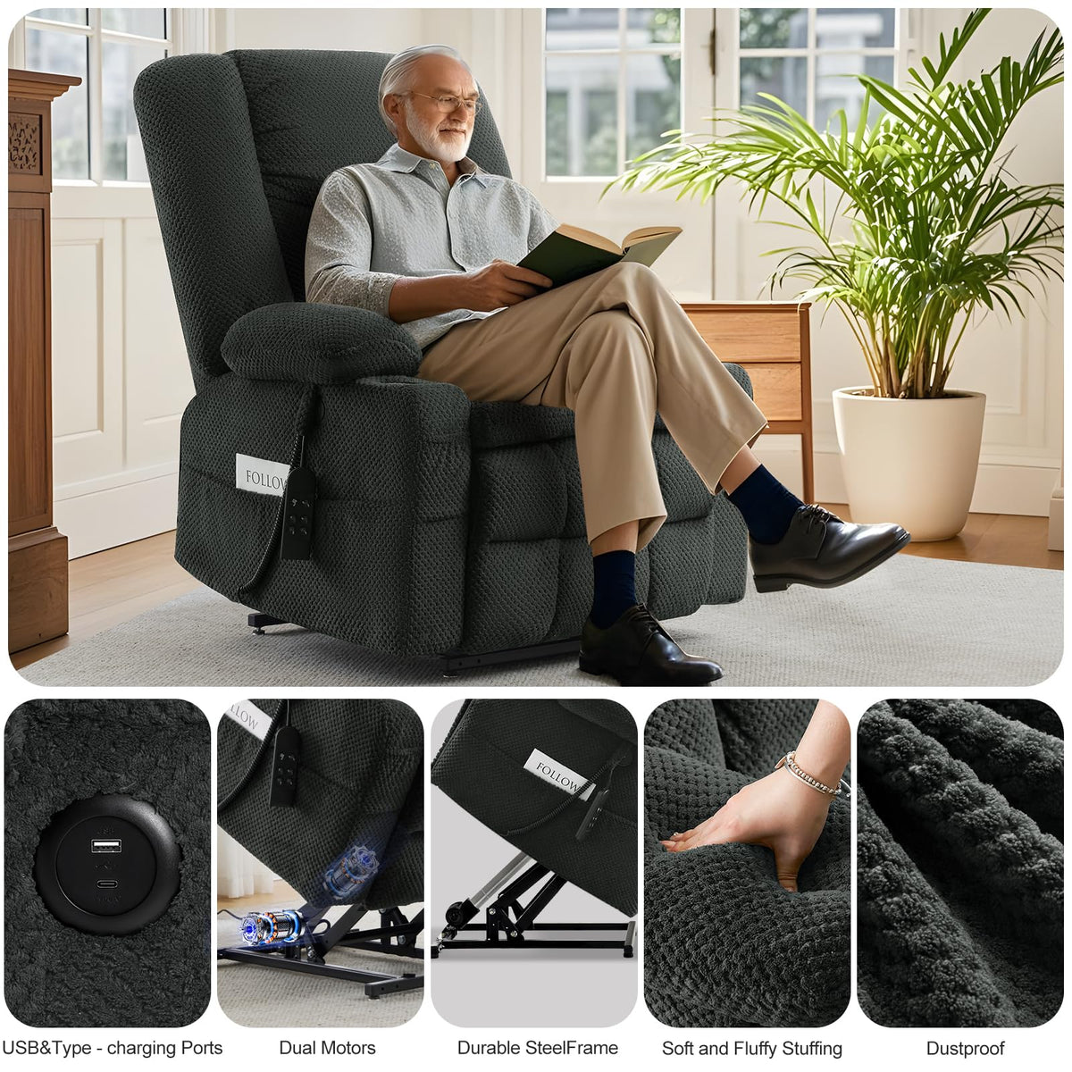 Madaha Electric Power Large Lift Recliner Chair Sofa with Massage and Heat for Elderly, Oversized Lay Flat Dual Motor Infinite Position Recliner Chair, Side Pockets, Cup Holders, USB Ports (Grey) Madaha