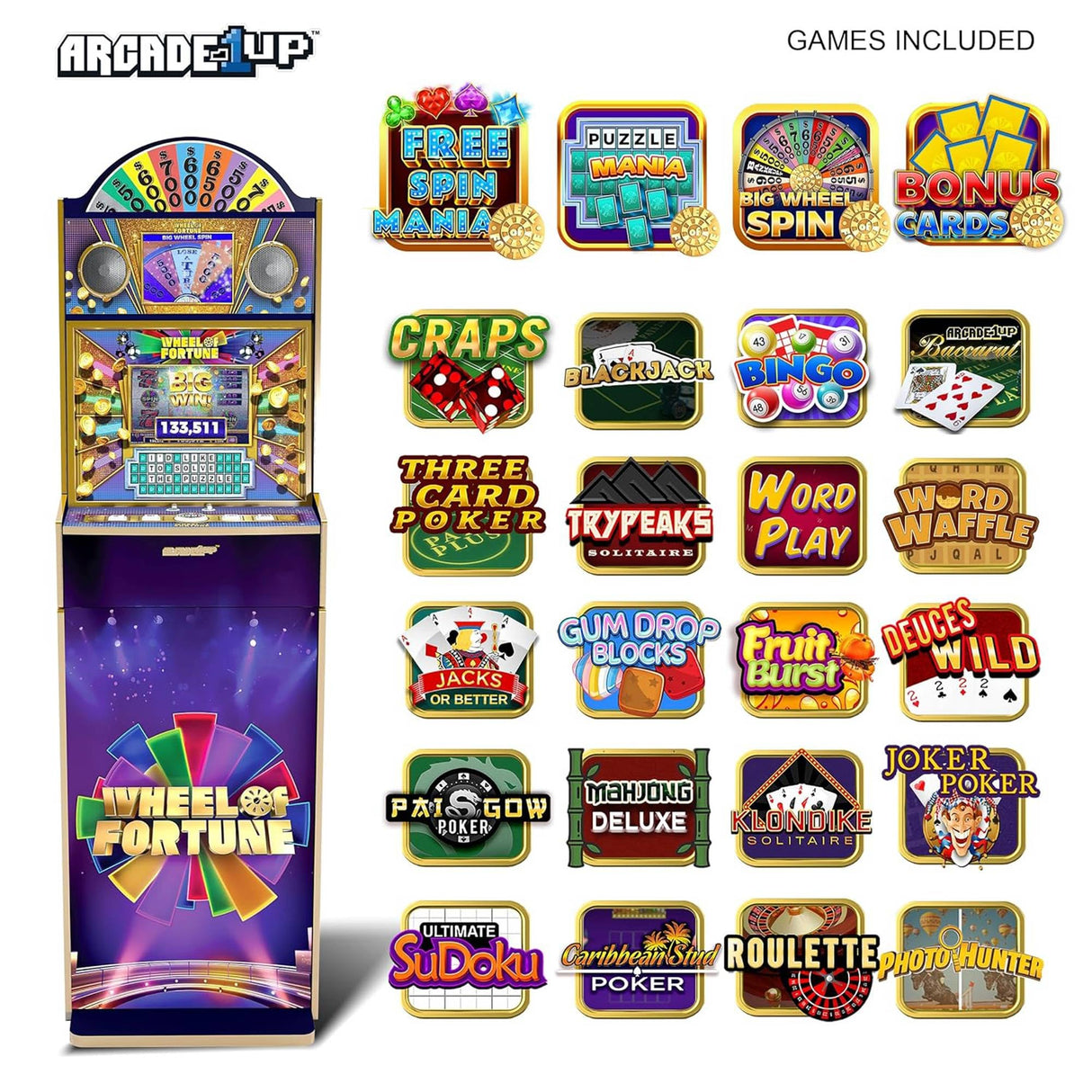 Arcade1Up Wheel of Fortune Casinocade Deluxe Arcade Game 5 Foot Tall Stand Up Cabinet with 8 Inch Dual LCD Screens, Electronic Games for Adults ARCADE1UP