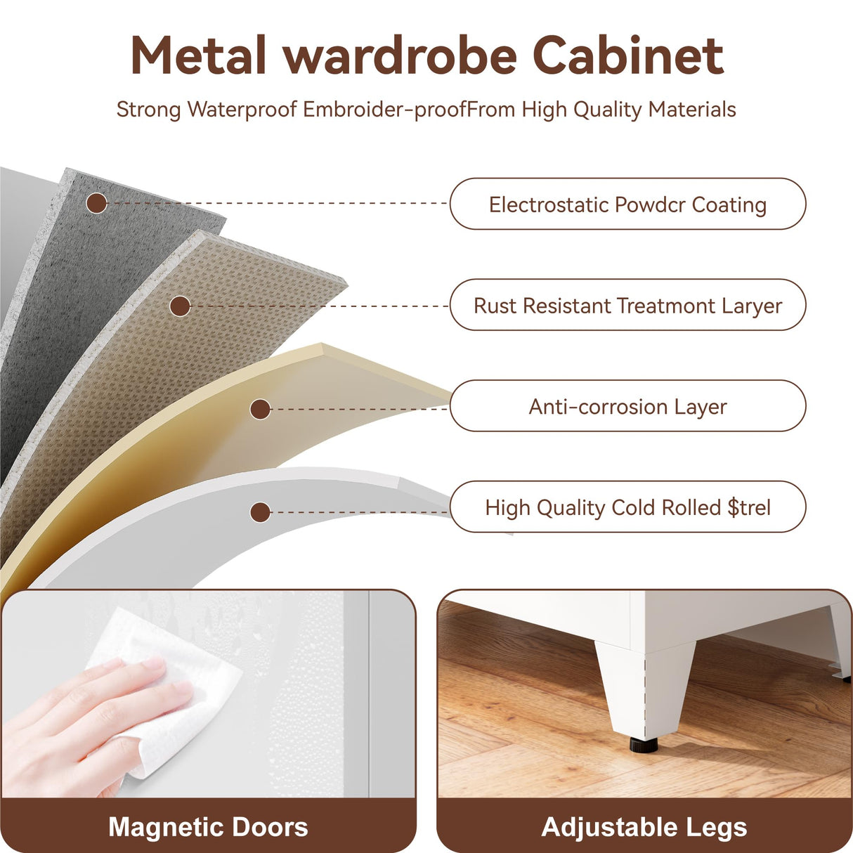 YAUWOH Farmhouse Wardrobe Cabinet,Metal Wardrobe Closet with Hanging Rod,Metal Armoire with Adjustable Shelves for Bedroom,Living Room, Cloak Room,Office (White) YAUWOH