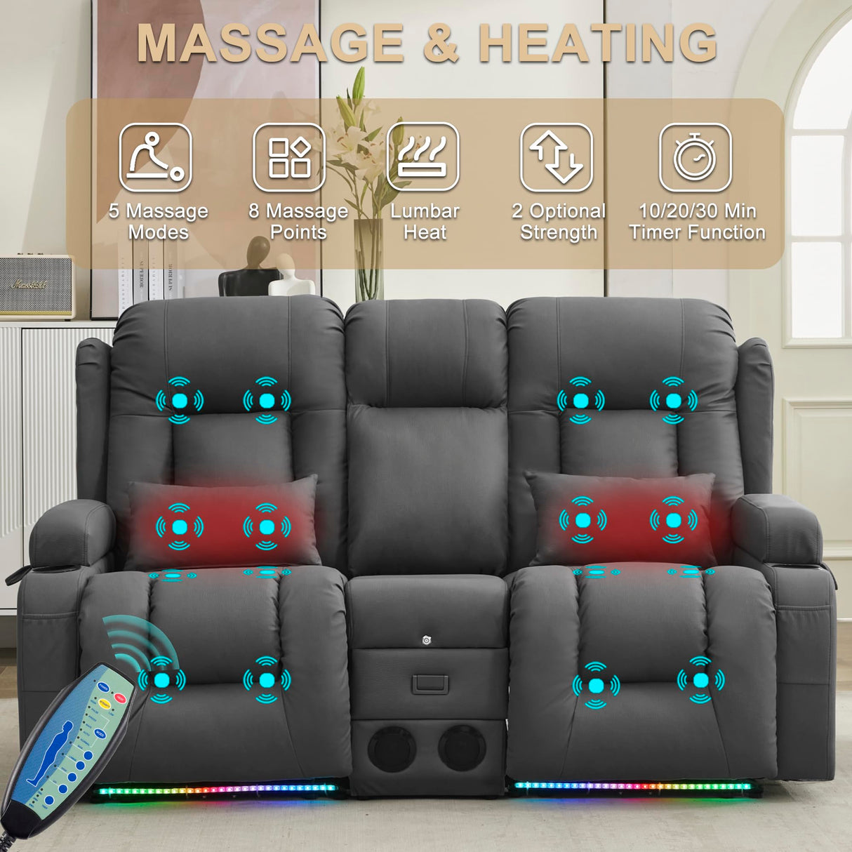 URRED Power Reclining Loveseat Sofa with Console, RV Couch Loveseat Recliner Sofa with Massage & Heat, LED Light, Cupholders, Bluetooth Speakers, USB Charge Ports, Outlets, Leathaire, Gray URRED