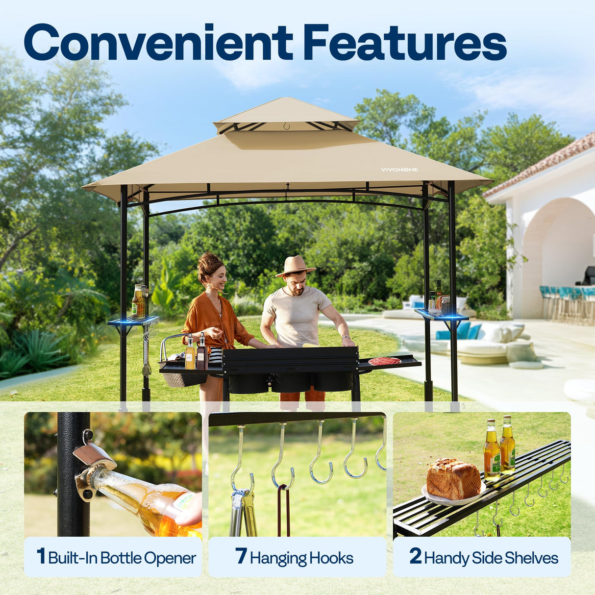 VIVOHOME Grill Gazebo Outdoor BBQ Patio Canopy Tent with Double Tiered Vented Top & 2 Side Shelves, Taupe VIVOHOME