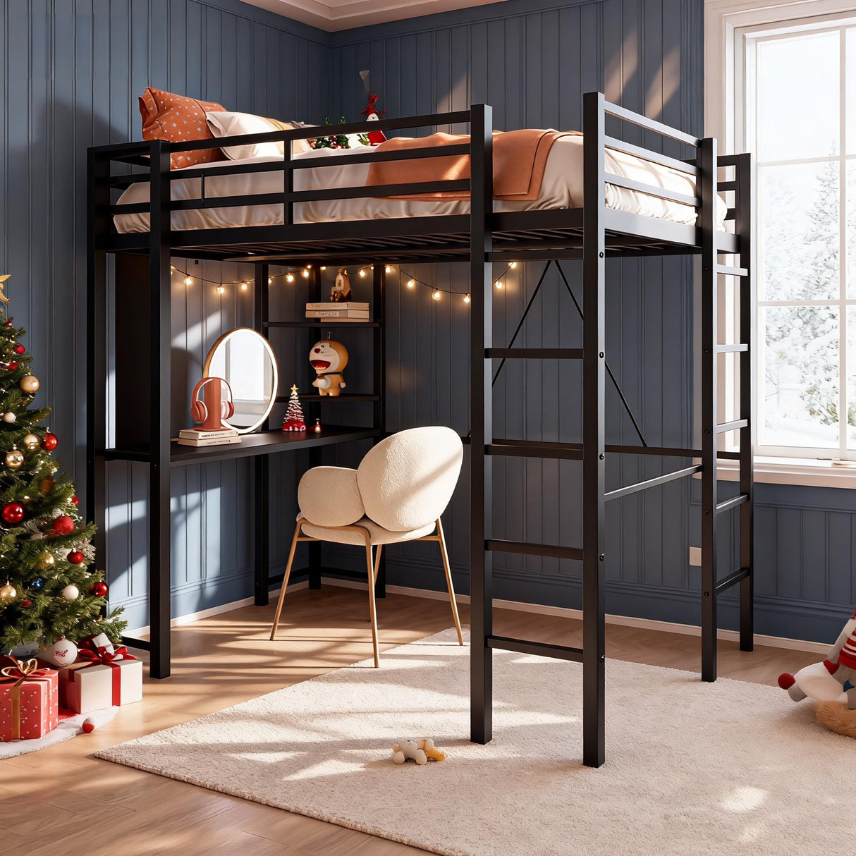 SUNLEI Metal Loft Bed Frame with Desk, Full Size Loft Bed with 2 Built-in Ladders & Safety Guard, Noise Free for Small Bedroom, Classic Black SUNLEI