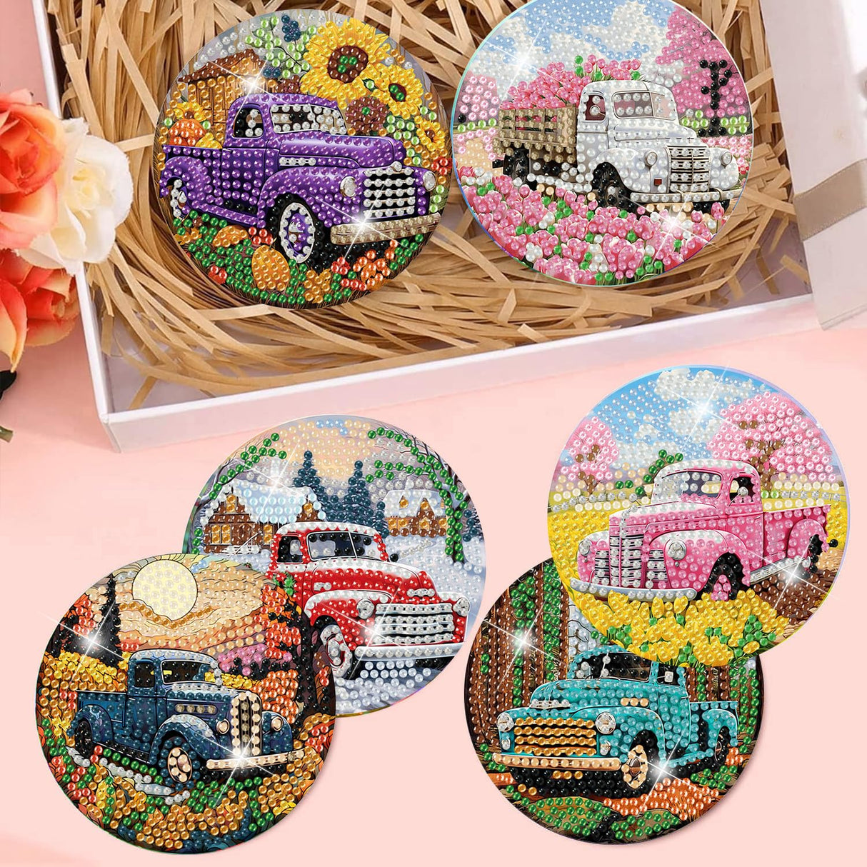 8 Pcs Diamond Art Coasters Kits - All Season Diamond Painting Coasters with Holder Cork Pads DIY Truck Art Dots Painting Set for Adults Beginners Crafts Meothan
