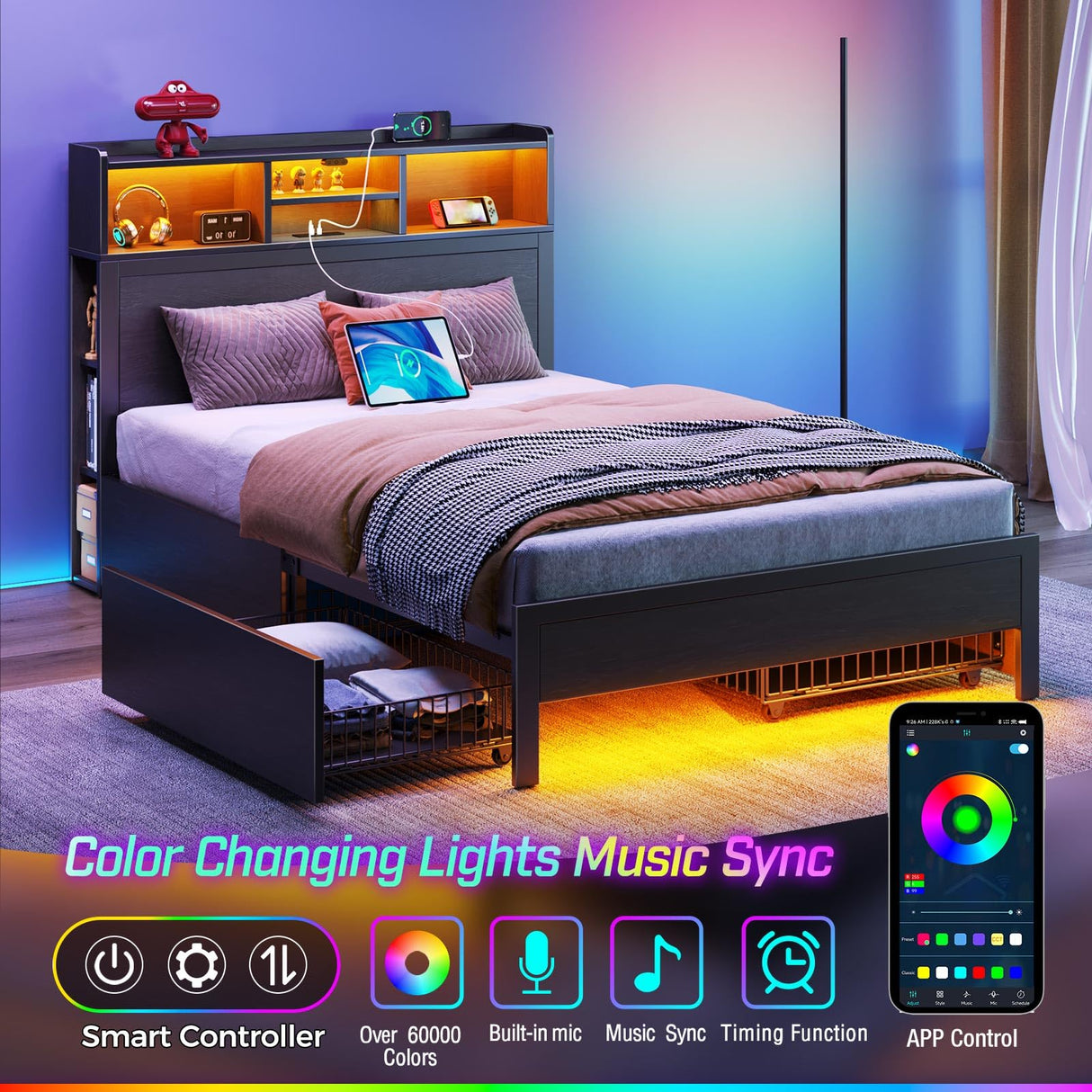 Rolanstar Twin Bed Frame with Storage Headboard, Metal Platform Bed with Charging Station, LED Bed Frame with 4 Drawers, Bookcase Storage, No Box Spring Needed, Easy Assembly, Noise-Free, Black Rolanstar