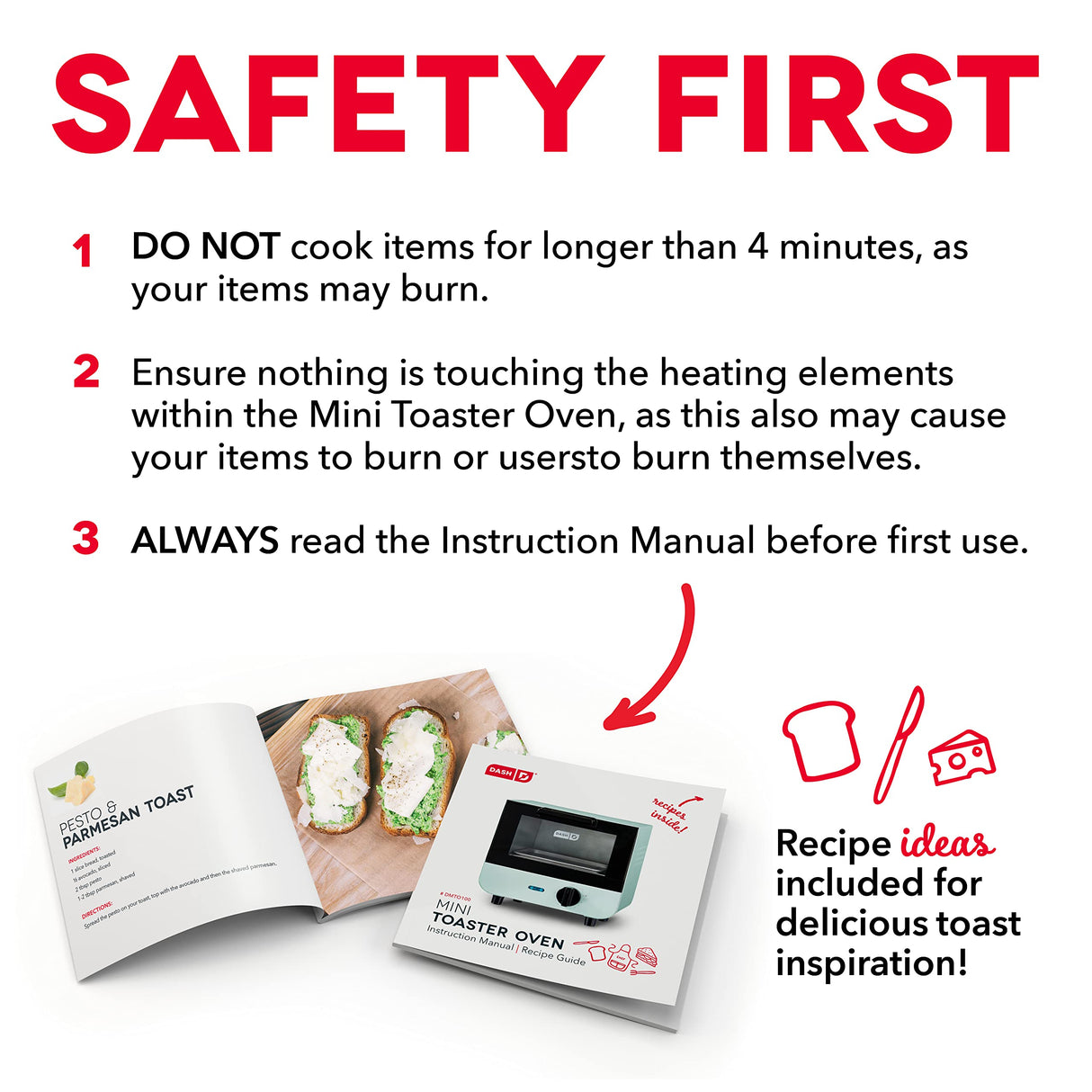 DASH Mini Toaster Oven Cooker for Bread, Bagels, Cookies, Pizza, Paninis & More with Baking Tray, Rack, Auto Shut Off Feature - Red DASH