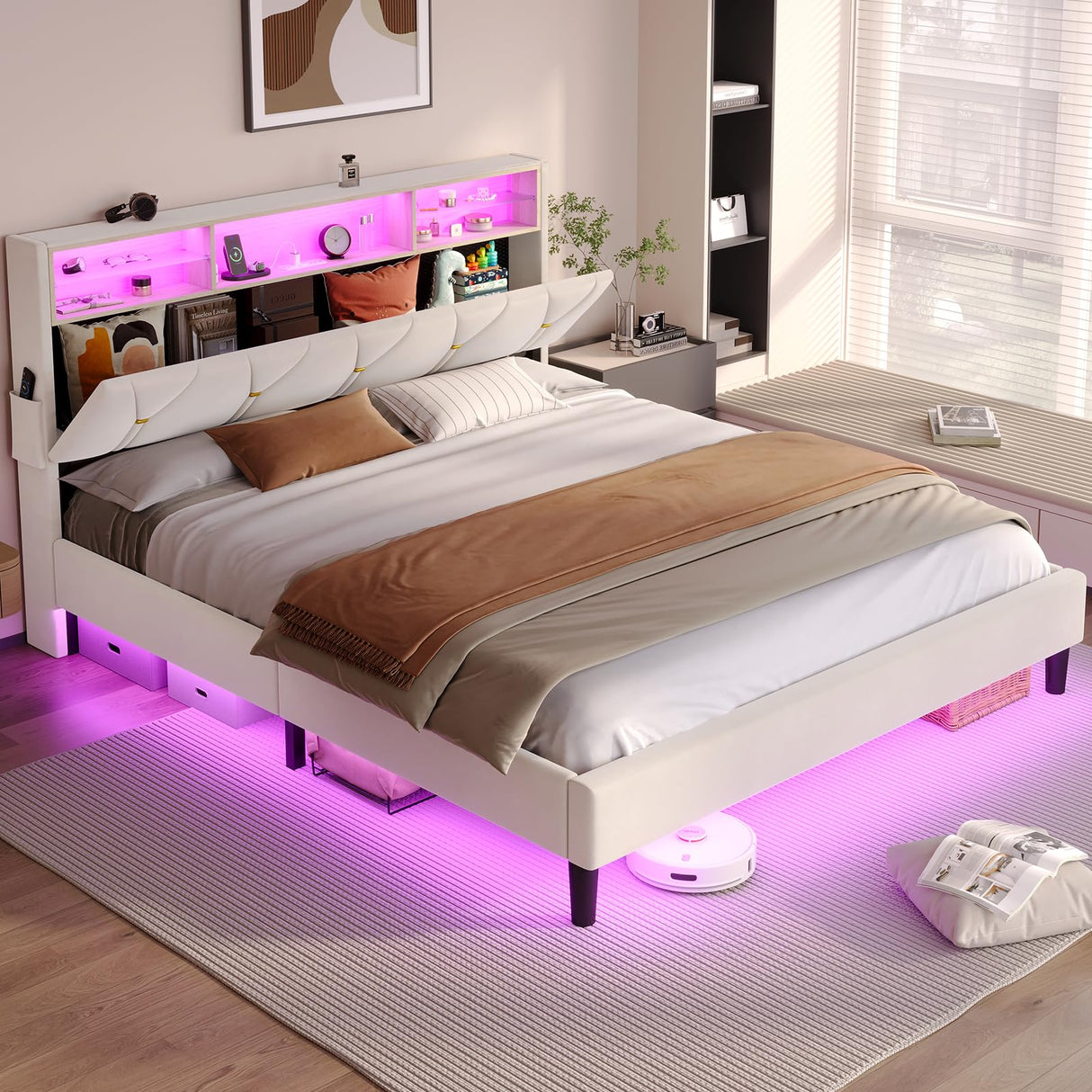 BTHFST Creamy White Velvet Queen Bed Frame with LED Lights & Charging Station BTHFST
