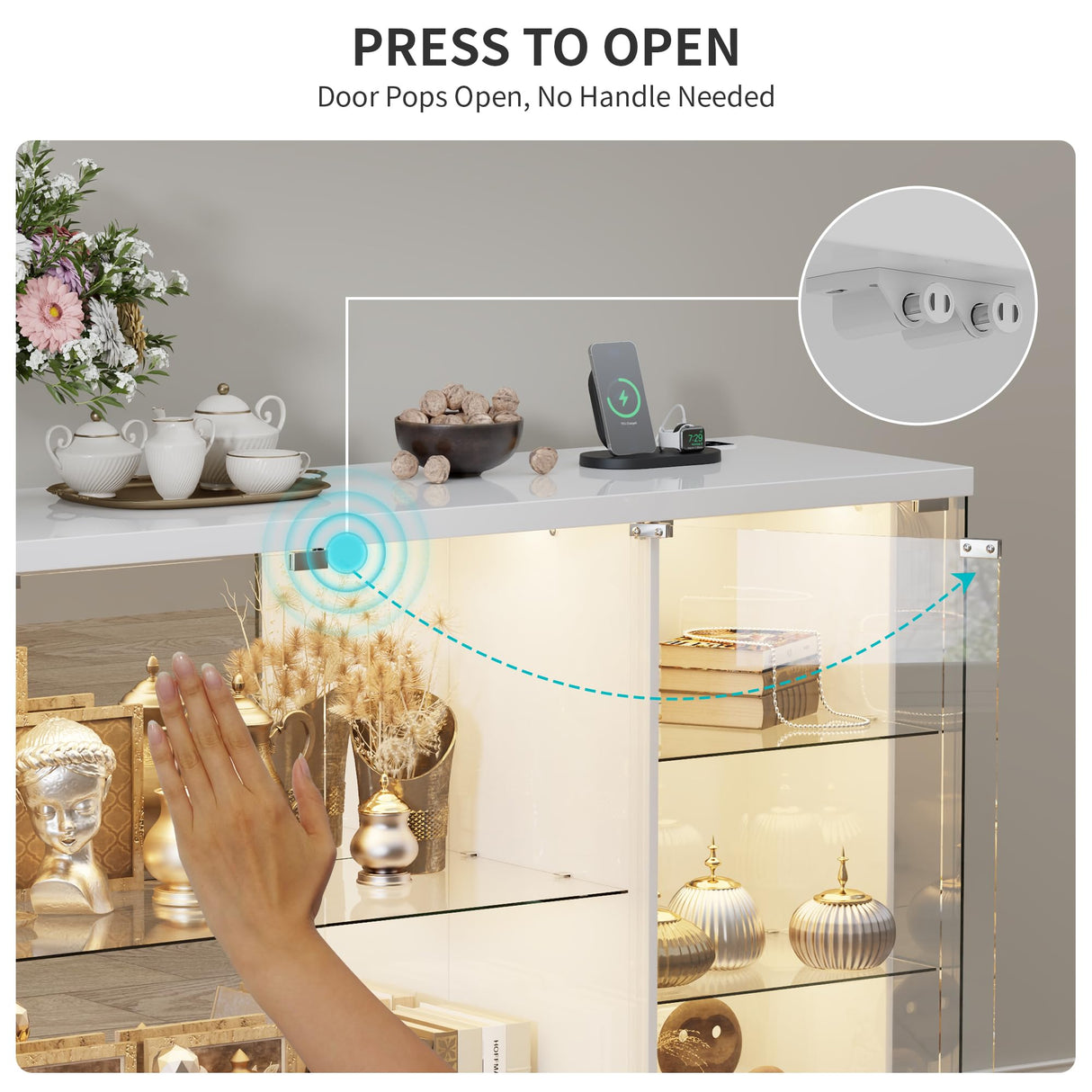 HNEBC Lockable Display Curio Cabinet with Glass Door,47.2" W Glass Display Cabinet with 3 Color Lights for Collectibles,5-Tier Lighted Display Case with Human Sensor,Living Room,White HNEBC