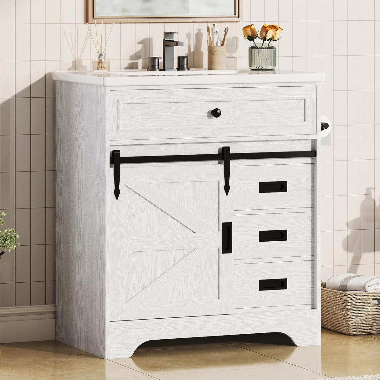 IRONCK 30" Bathroom Vanity with Sink, Farmhouse Bathroom Sink Cabinet with Flip Drawer & Sliding Barn Door, Freestanding Bathroom Vanities with Metal Handles, Paper Towel Holder,White IRONCK