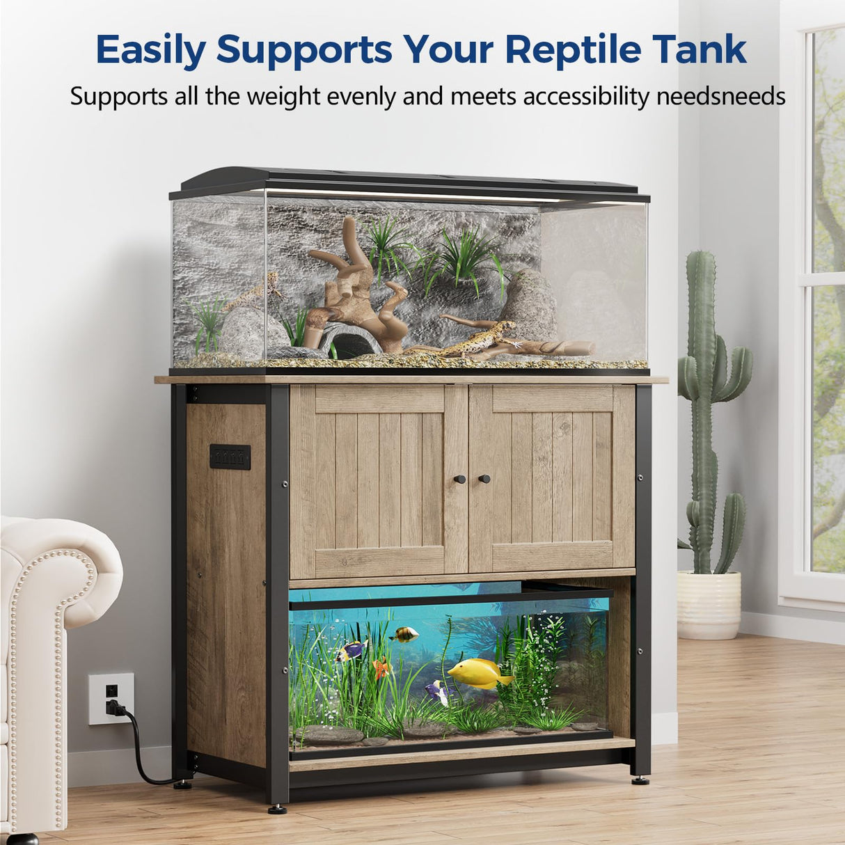 Tatub 40-50 Gallon Fish Tank Stand with Power Outlets, Metal Aquarium Stand with Accessories Storage, Heavy Duty Fish Tank Table Suitable for Turtle, Reptile Terrarium, 1000LBS Capacity Tatub
