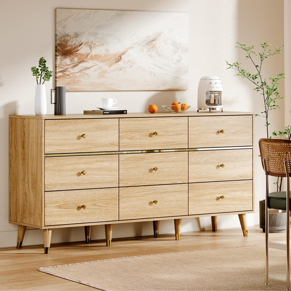 Chrangmay 9 Drawer Dresser,63" Wide Mid Century Modern Chest of Drawers,Wooden Bedroom Drawer Dresser with 9 Storage Drawers for Bedroom, Living Room,with Anti-Tipping Device,Natural Chrangmay