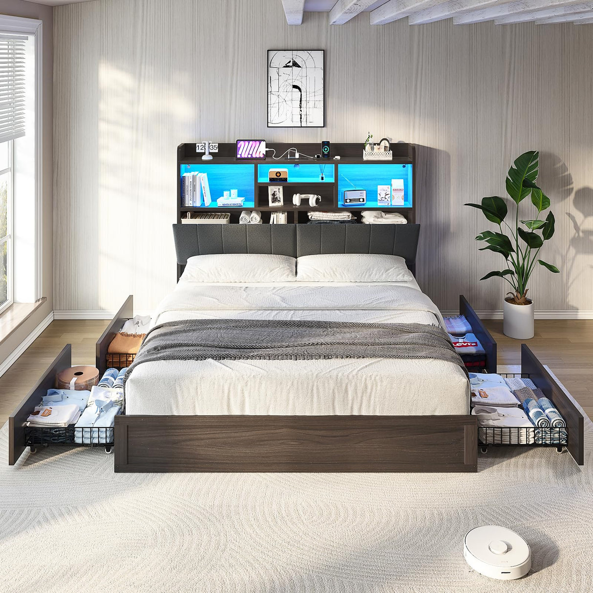 LUXOAK Full Farmhouse Bed Frame with Bookcase Headboard and 4 Drawers, LED Storage Bed with Charging Station & Linen Upholstered, No Box Spring Needed, Black LUXOAK