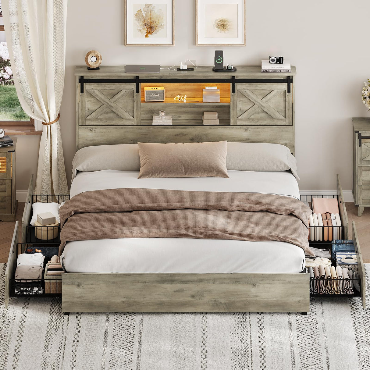 Hasuit Farmhouse Bed Frame King Size with 4 Storage Drawers, Wooden Platform King Beds with Charging Station and LED Lights, Rustic Bed with Storage Headboard and Sliding Barn Door Hasuit