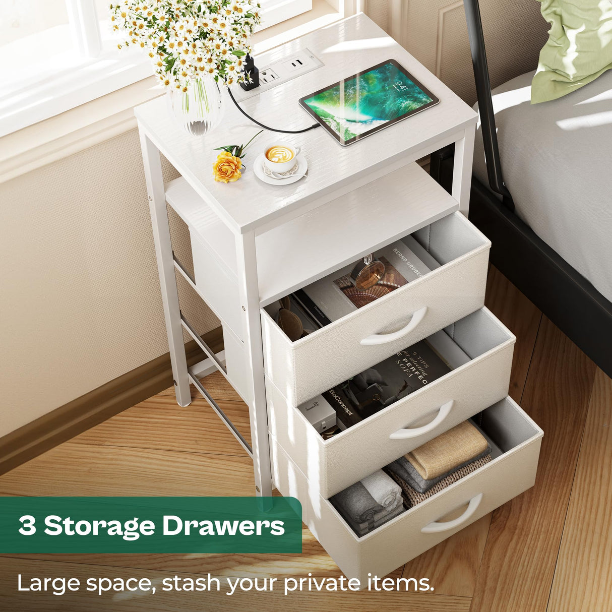 Huuger Nightstand with Charging Station, 27.6 Inch Side Table with Drawers, PU Leather Finish, End Table Bedside Table with USB Ports and Outlets, Night Stand for Bedroom, White Huuger