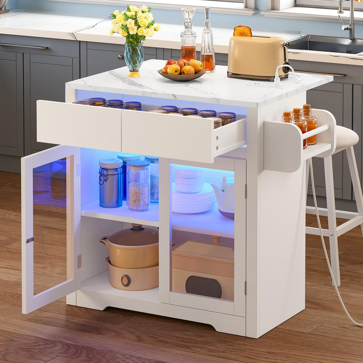 YITAHOME Rolling Kitchen Island with Seating and LED Lights, Mobile Storage Islands with Drop Leaf, Dining Table with Power Outlet, 2 Drawers and Soft Stools, Spice/Towel Rack, Marble Finish, White YITAHOME