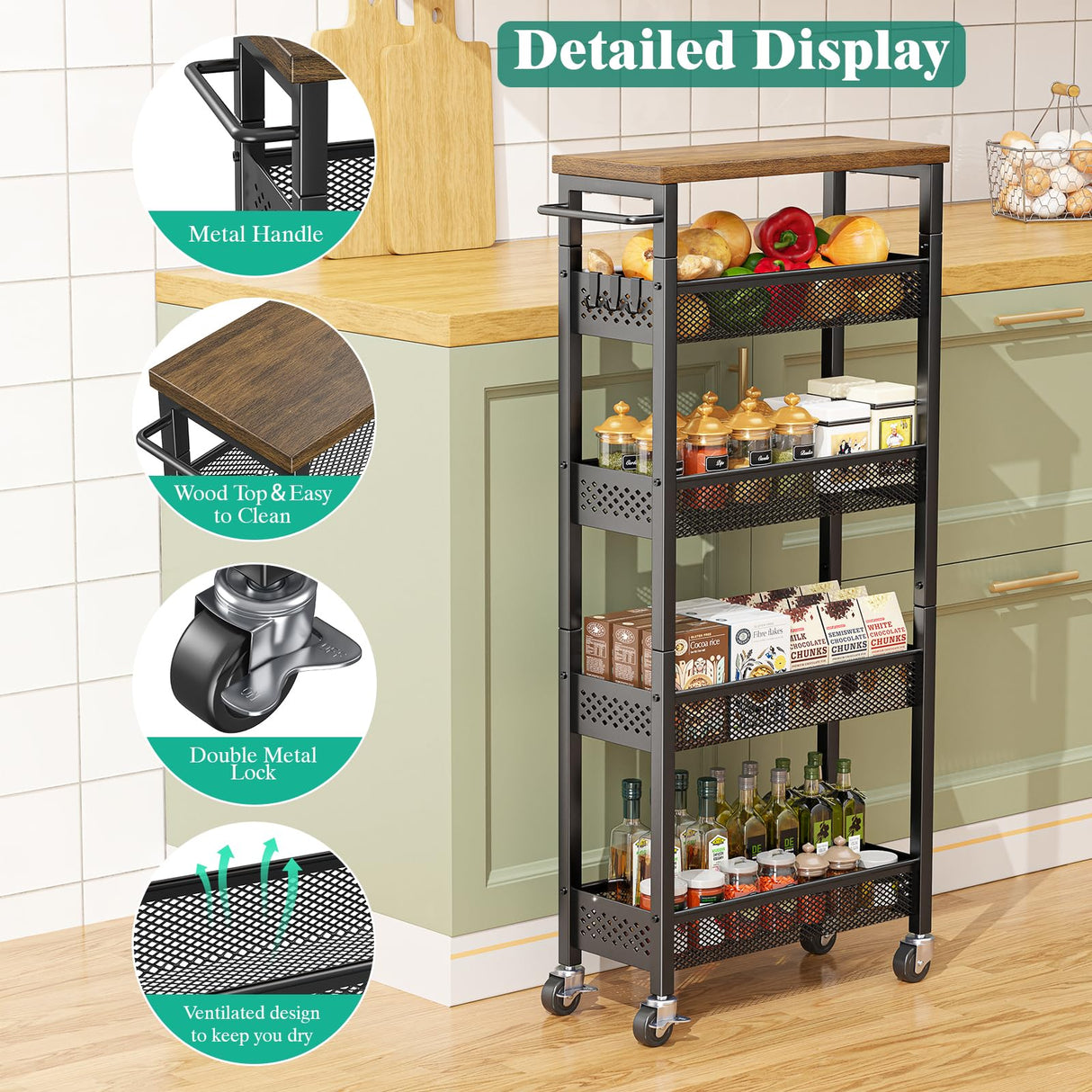 Giwil Slim Storage Cart 5 Tier Narrow Kitchen Rolling Cart on Wheels for Small Space, Metal Utility Cart Narrow Bathroom Storage Cabinet Mobile Shelf Unit Organizer with Wood Top and Handle, Black Giwil