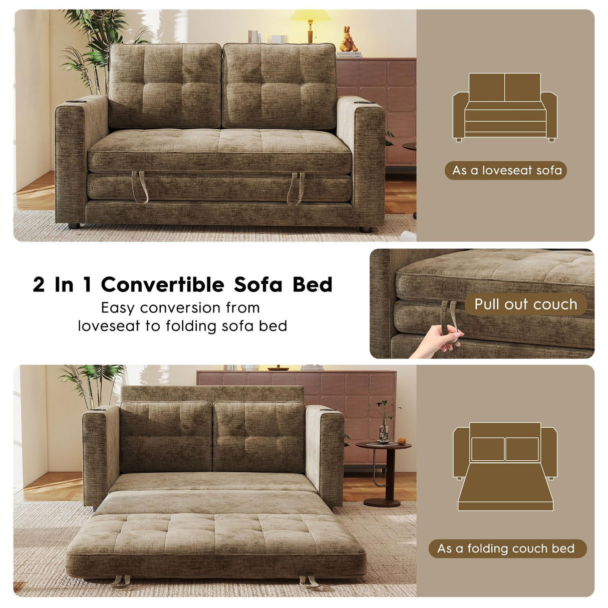 55" Convertible Folding Sofa Bed, Pull Out Couch Love Seat Sleeper Bed, Small Fold Out Loveseat Sleeper with Cup Holder and Pillow for Small Space, Bedroom Lounge, Dorm, Living Room(Brown Chenille) Urhanherry