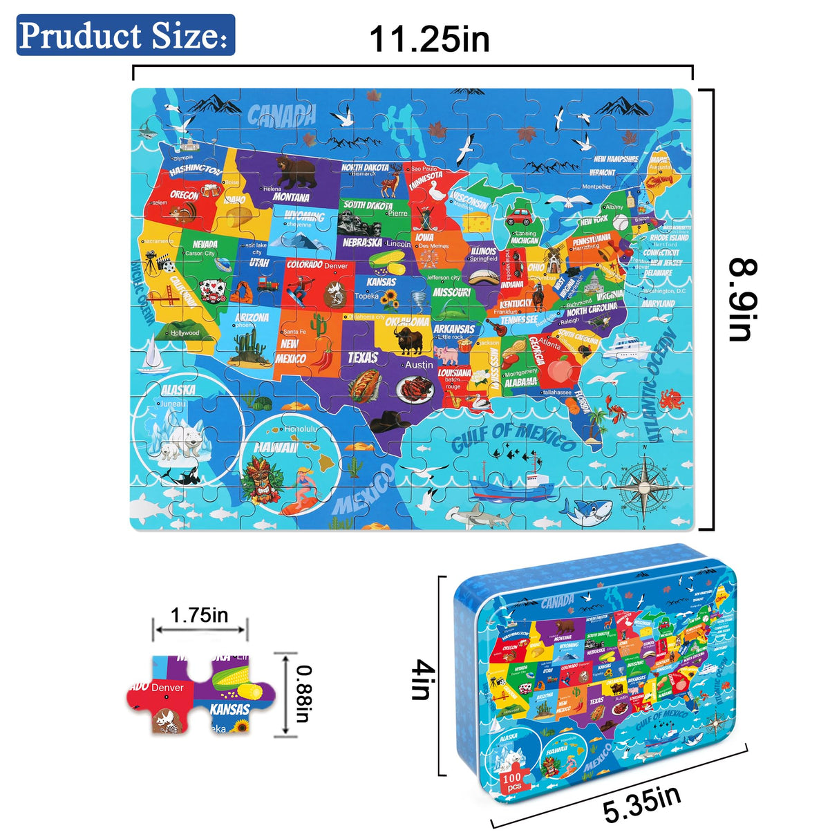 LELEMON United States Map Puzzles for Kids USA Map Jigsaw Puzzles in a Metal Box America Map Learning Educational Toys Gifts for Boys Girls LELEMON