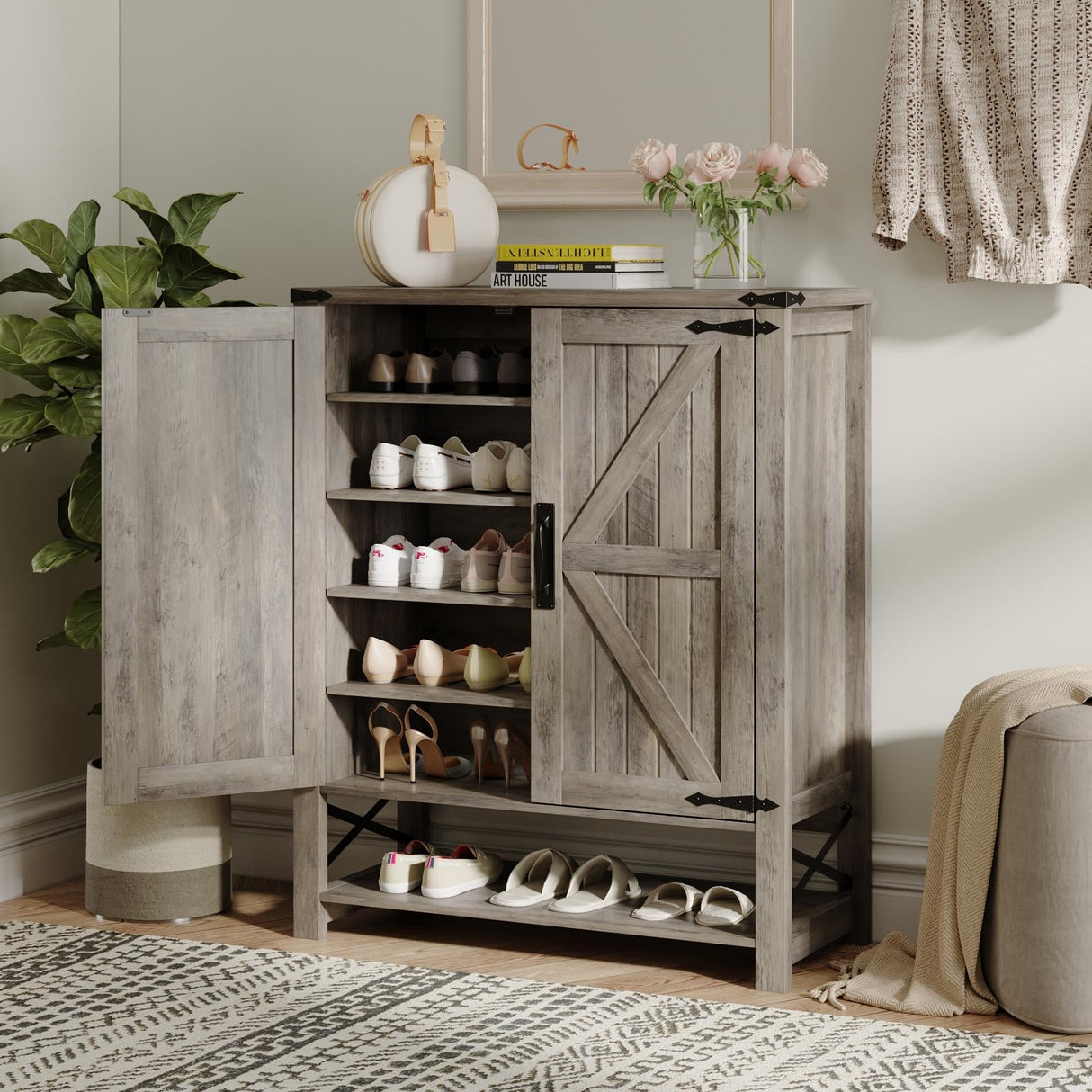 Maupvit 6-Tier Shoe Cabinet with Doors, Farmhouse Shoe Storage Cabinet with Adjustable Shelves, Shoe Shelf, Wooden Shoe Rack Organizer Cabinet for Entryway, Foyer, Hallway, Living Room, Grey Maupvit