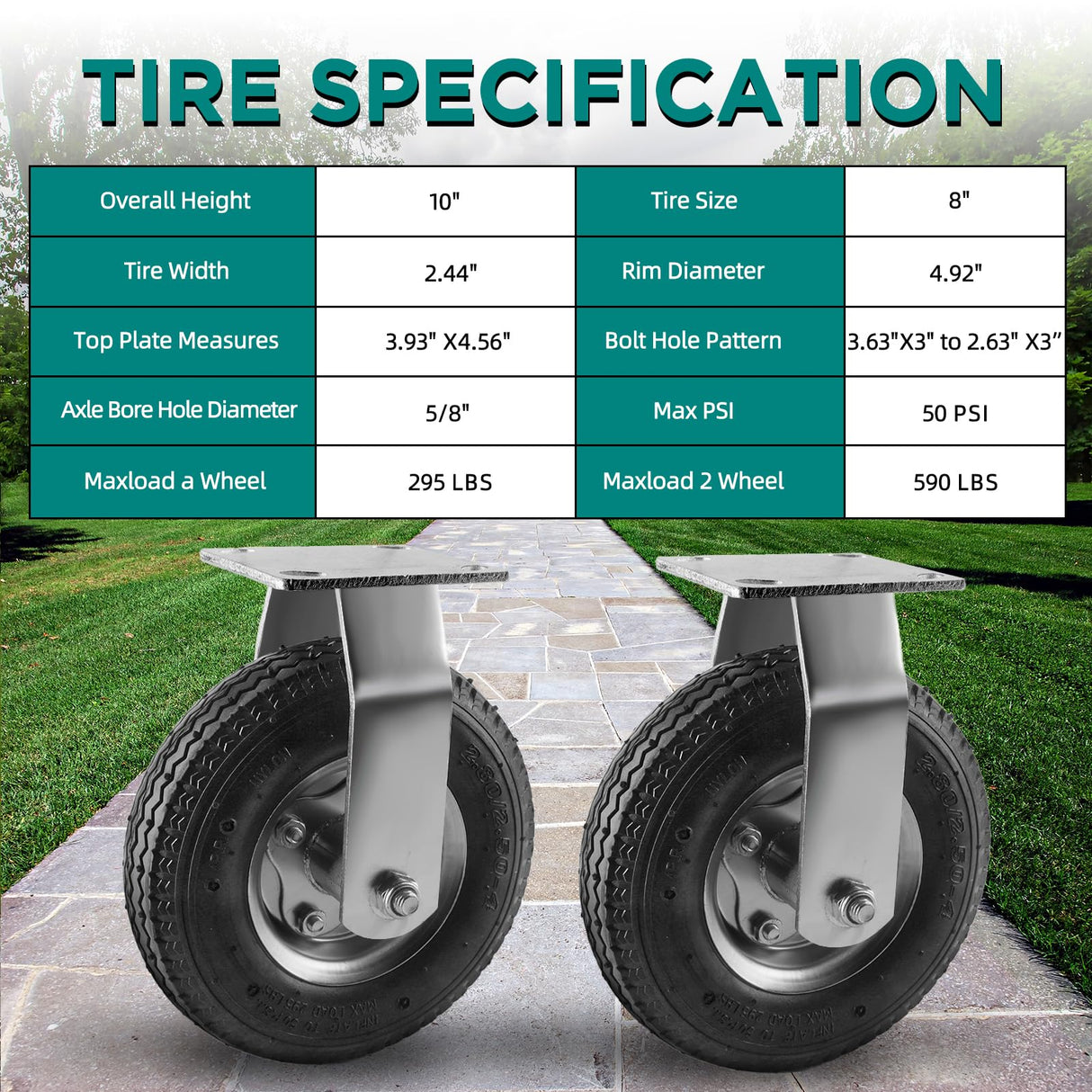 (2 Pack) RRQ 8 Inch Caster Wheels, Pneumatic Rigid Caster Wheels with Zinc Top Plate for Cart, Dolly, Trolley, Workbench and Wagon, All Terrain Casters, Black Rubber Wheels, 590 Lbs Total Capacity RRQ