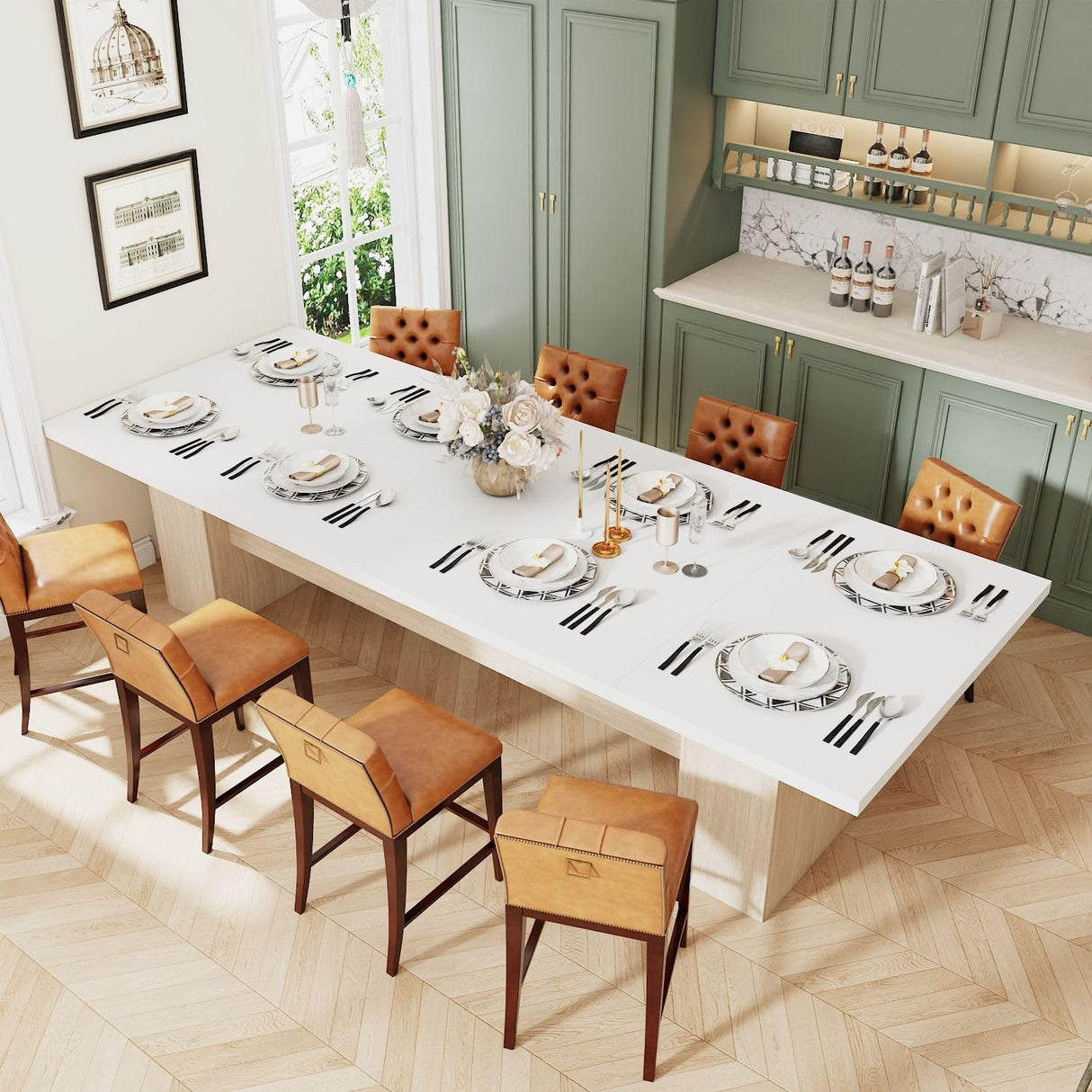 MOUMON Kitchen Dining Table for 8-10, 130 inch Wood Rectangular Kitchen Table, Large Long Dining Table with Wooden Frame, No Chairs, for Dining Room White and Oak(129.9”W x 47.2”D x 29.7”H) MOUMON