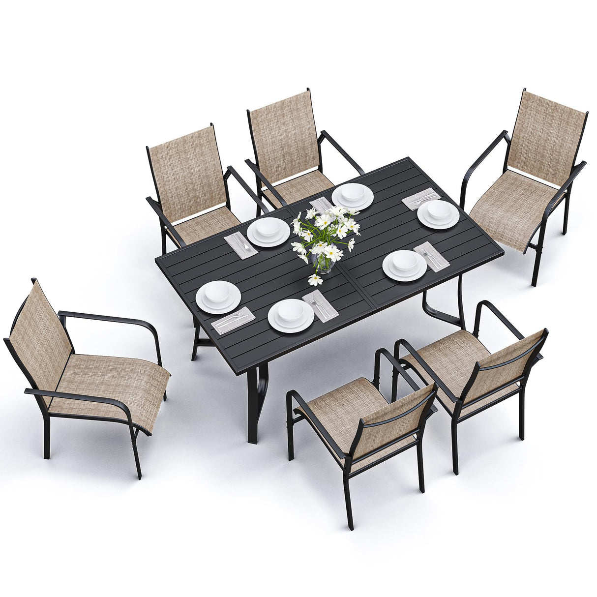 BUPPLEE 7-Piece Outdoor Patio Dining Set - 6 Stackable Texlin Sling Chairs & 63" Steel Table, Weatherproof Low-Maintenance Furniture for Backyard/Balcony/Poolside, Includes 1.57"-1.97" Umbrella Hole BUPPLEE