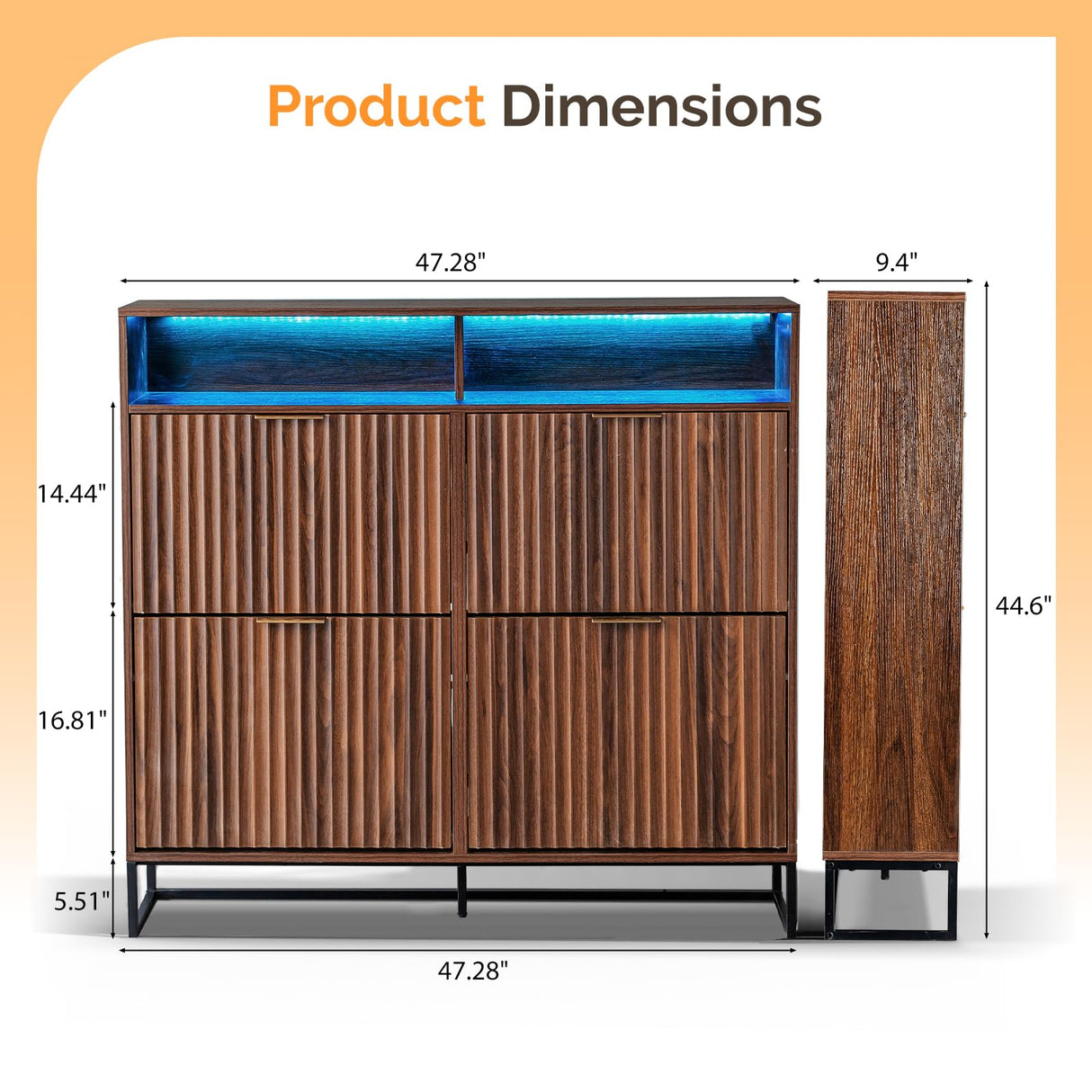 VINGLI Fluted Shoe Cabinet Storage for Entryway,Hidden Shoes Storage Cabinet with 4 Flip Drawers, Mid Century Modern Shoe Rack with LED Light,Shoes Organizer with Cubby for Hallway(Dark Walnut) VINGLI