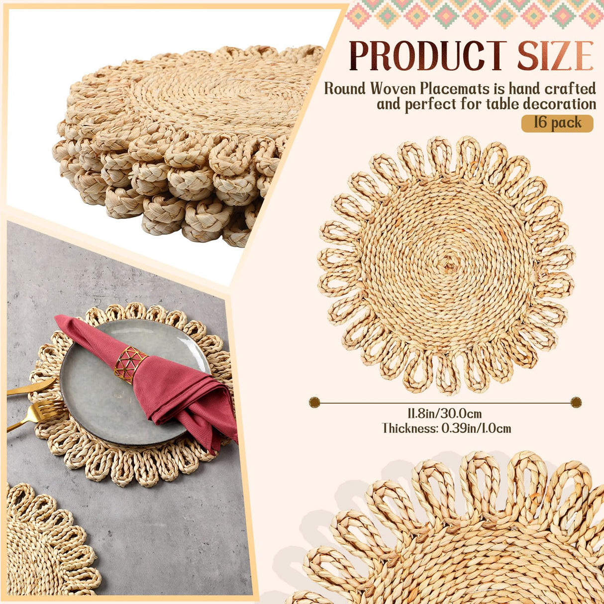 Zopeal 16 Pieces 11 Inches Woven Round Placemats Rattan Chargers Wicker Boho Placemats Natural Braided Table Mats Corn Husk Place Mats Wicker Charger Plates for Wedding(Solid) Zopeal
