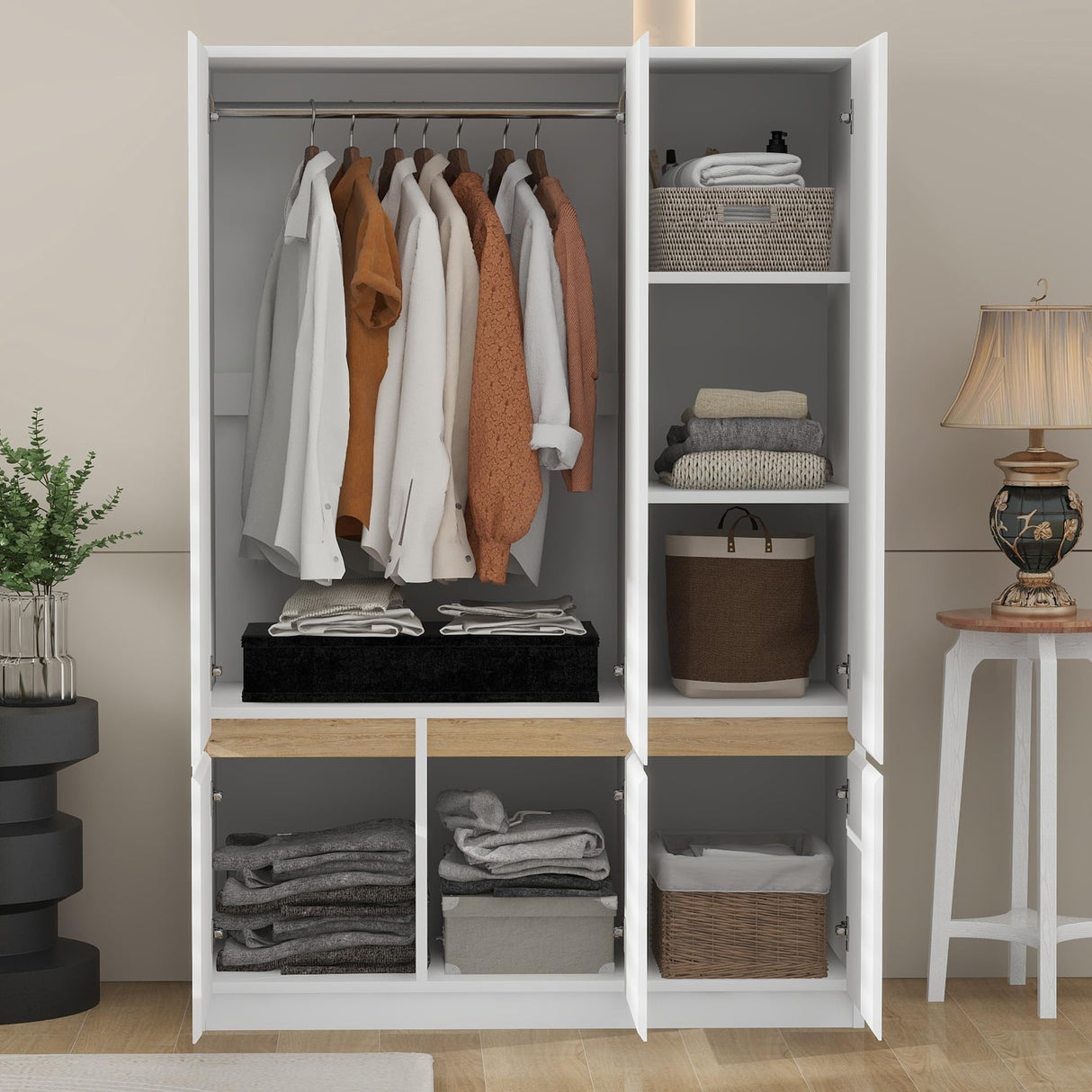 Merax 6-Doors Wooden Wardrobe Closet Storage Shelves and Hanging Rail for Clothes for Bedroom Organizer, White Merax