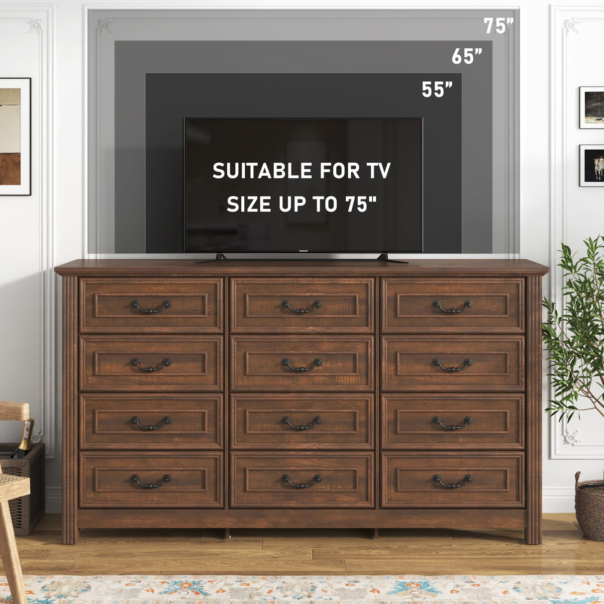 chartustriable Farmhouse 12 Drawer Dresser for Bedroom, 63” Wood Dresser & Chest of Drawers with Rustic Handles, Wide Closet Dresser Organizer, Living Room, Hallway, Bedroom Furniture, Rustic Brown chartustriable