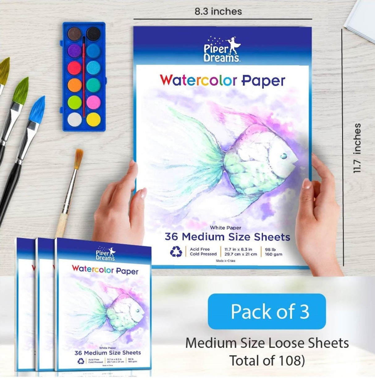 Piper Dreams - Total of 108 Sheets (11.7" x 8.3") of Heavy Stock Watercolor Paper - Loose White Sheets. Perfect for Water Coloring, Art, Drawing, Sketching and Most Mixed Media - 160 GSM Piper Dreams