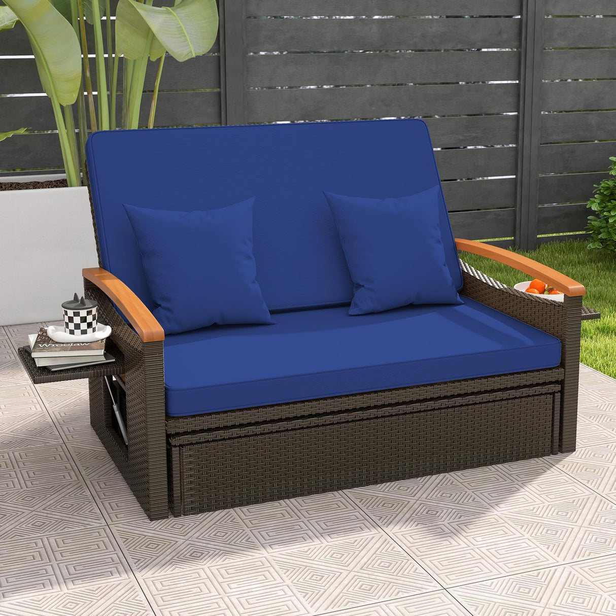 Moccha Outdoor Wicker Daybed, Patio Rattan Loveseat Sofa w/ 4-Level Adjustable Backrest, Folding Panels, Storage Ottoman & Cushions, Lounge Furniture Set for Poolside Backyard Porch (Navy) LDAILY