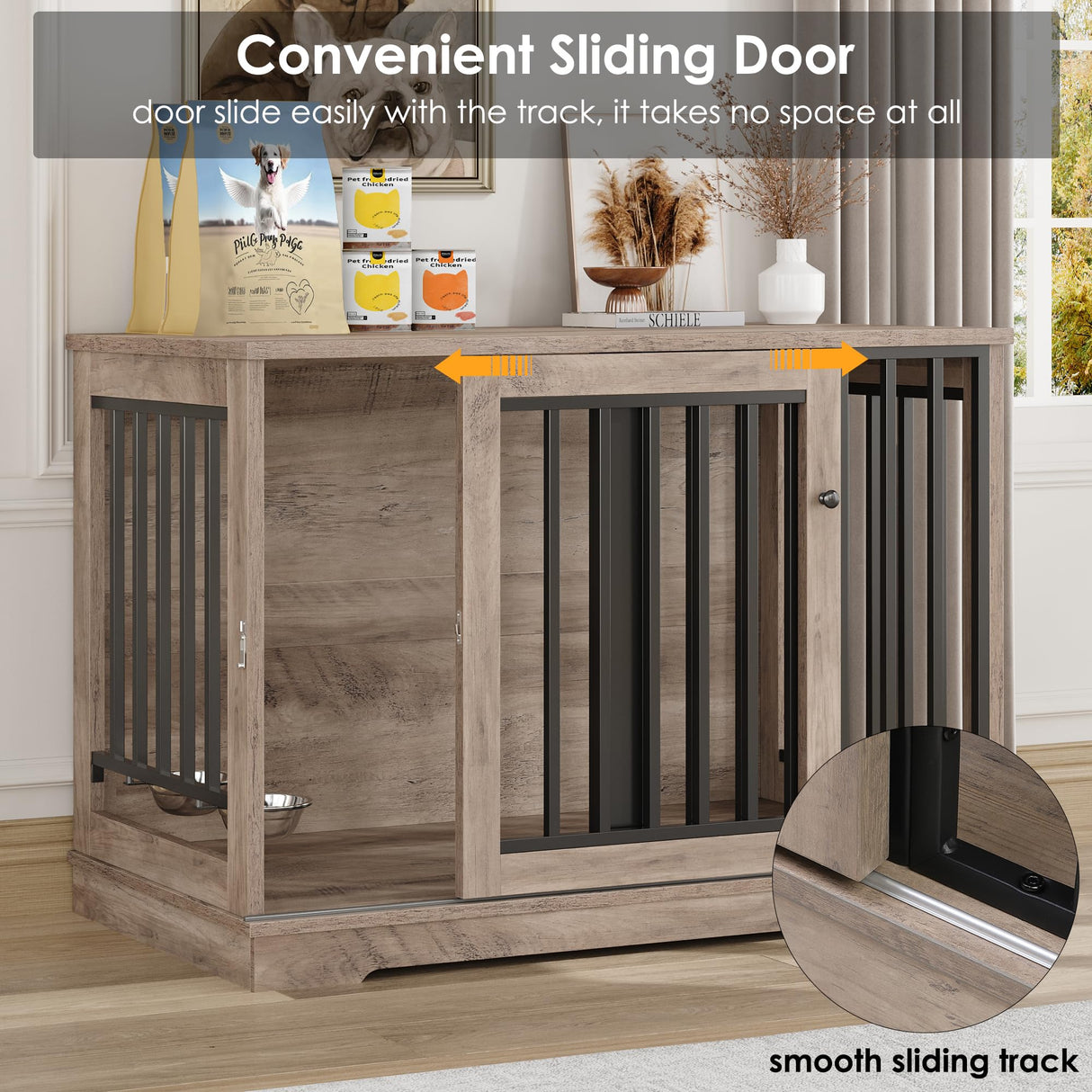 Dog Crate Furniture 47” Large Dog Kennel for Dogs Indoor, Heavy Duty Dog Cage with Sliding Door and 2 SUS Bowls Wooden End Table in Living Room for Small Medium Large Dogs, Rustic TTVIEW