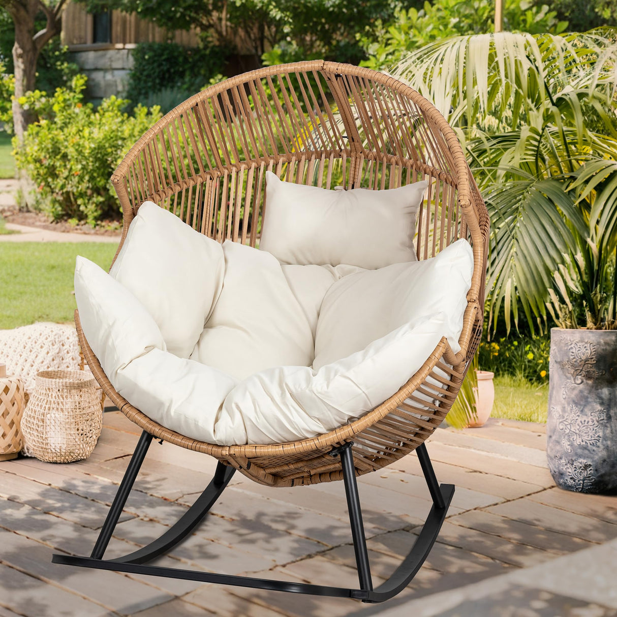 Vongrasig Wicker Rocking Egg Chair PE Rattan with Cushion, Oversized Patio Lounge Rocker Chair for Outdoor, Indoor, Balcony, Backyard, Garden, Beige Vongrasig