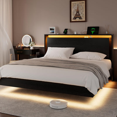 King Size Bed Frame with LED Lights & Charging Station – Wood Floating Bed Frame with Storage Headboard, Adhesive Slats, Kick-Free & Noise-Free Design, Easy Assembly, Black